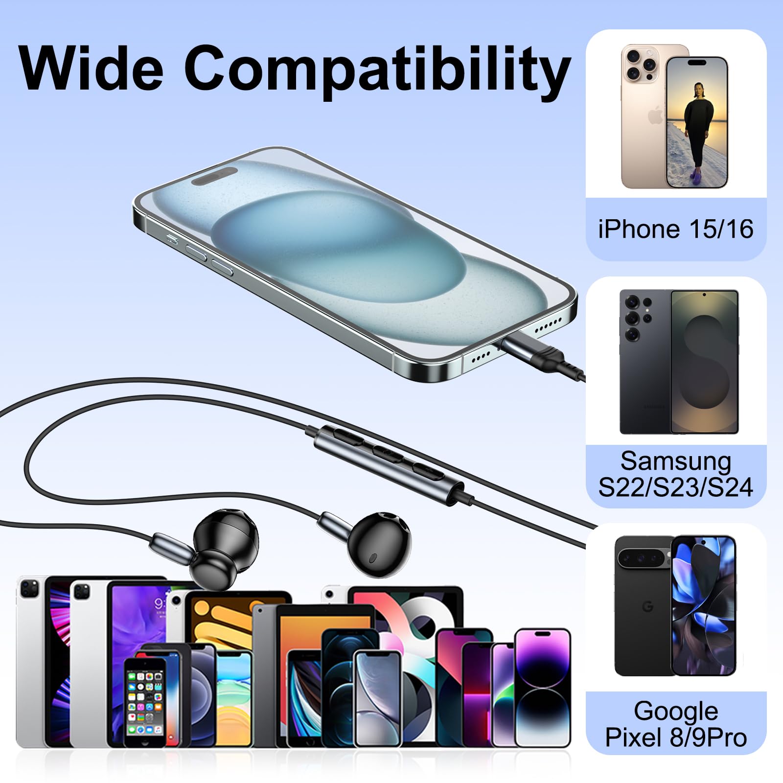 USB C hoofdtelefoon voor iPhone 17/16/15 Pro Max Plus hoofdtelefoon met kabel USB C