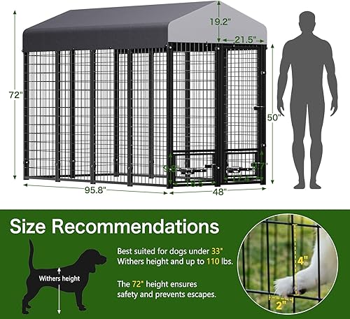 Miniatura 4 de Perrera para perros al aire libre de 8 x 4 x 6 pies con techo y soportes giratorios para tazones, recinto grande de metal para perros, casa