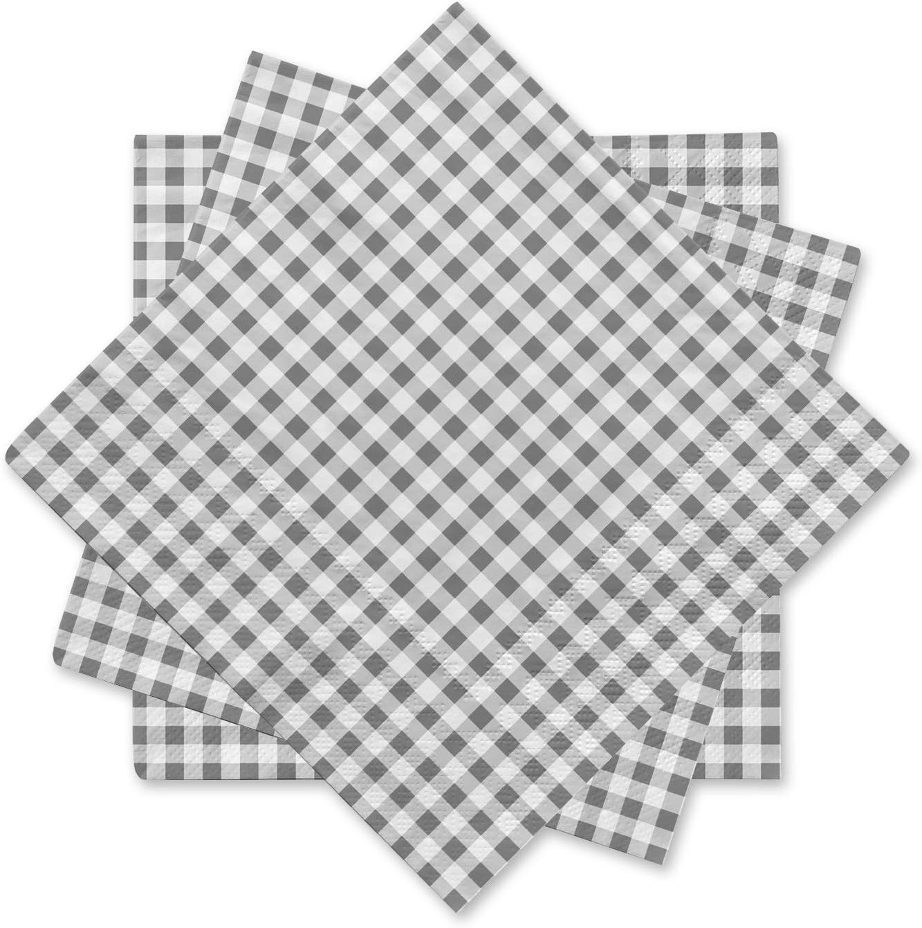 Gatherfun Disposable Paper Napkins Grey and White Gingham for Dinner Picnic and Parties (Pack of 50)