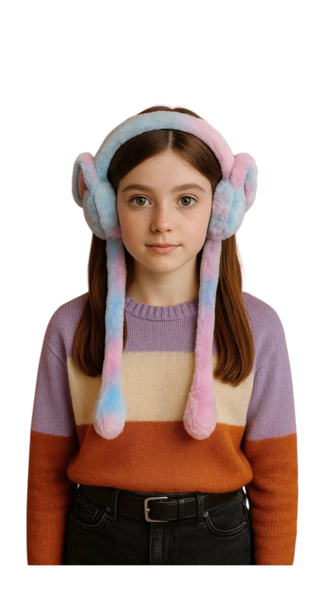 Kids cute rabbit Winter Earmuffs With Moving Rabbit Ear Cover for Girls&boys Woolen Plush Casual Ear Warmer Fashion Accessories Windproof Ear Muff Headphone 3 to 10 years (Rainbow)