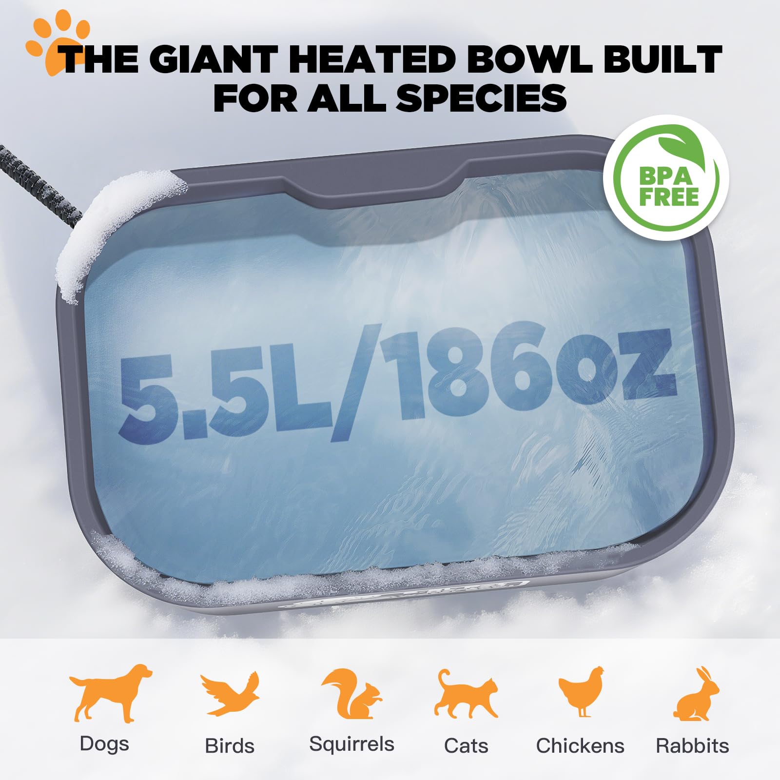 IPOW Cuenco de agua con calefacción para mascotas, rectangular extra grande de 5.5 litros, duradero, para exteriores, con cable antimasticación, mantiene el agua caliente a 25.0-35.0 °C para gatos y