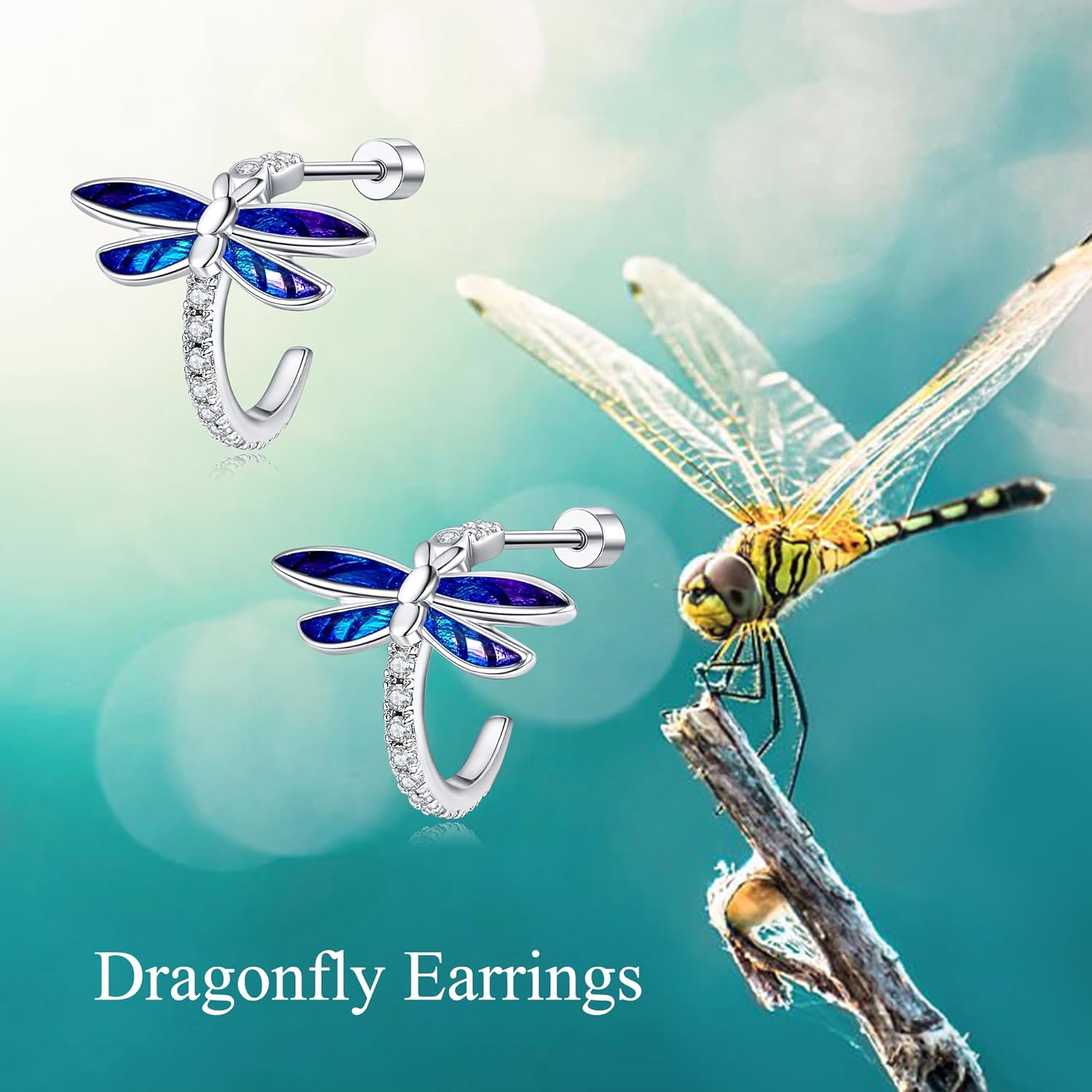 MONGAS Dragonfly Earrings Sterling Silver Dragonfly Screw Back Stud Earrings Animal Jewelry for Women - Image 6