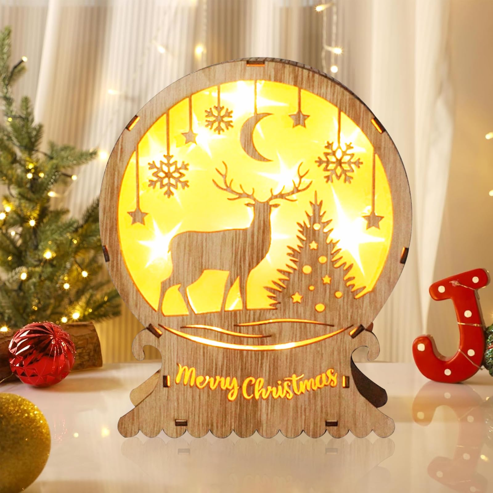 Decoración Navideña Iluminada de Madera Led,Led de Madera Luces de Navidad,Adornos Navideños,Decoración Navideña Luz Decoración, Iluminación a Pilas,para Centros de Mesa Luminosos de Navidad,Alce