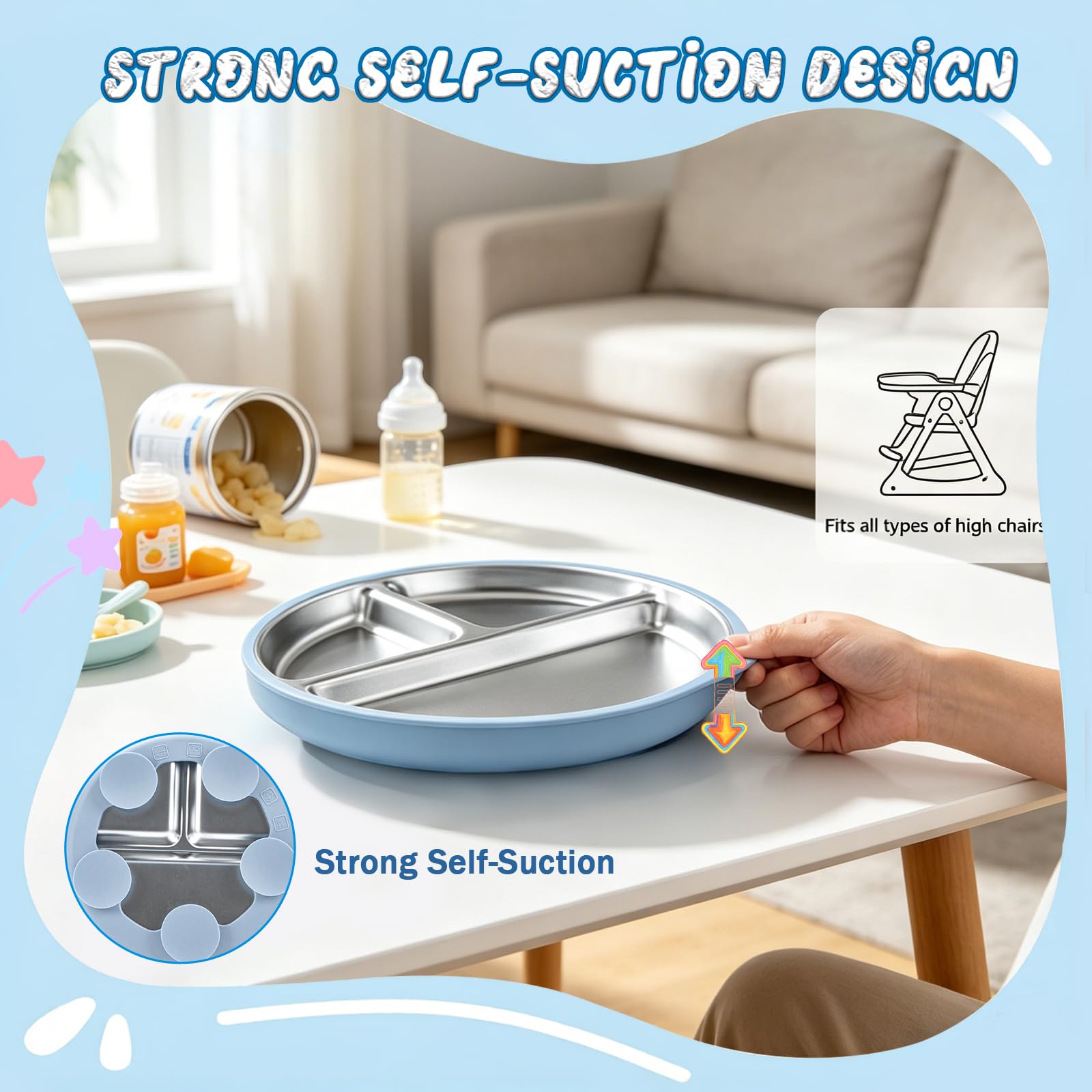 Coffret Repas Bébé – Assiette en Acier Inoxydable avec Ventouse en Silicone + Fourchette et Cuillère – Vaisselle Antidérapante pour Enfant – Sans BPA, Favorise l’Autonomie Alimentaire