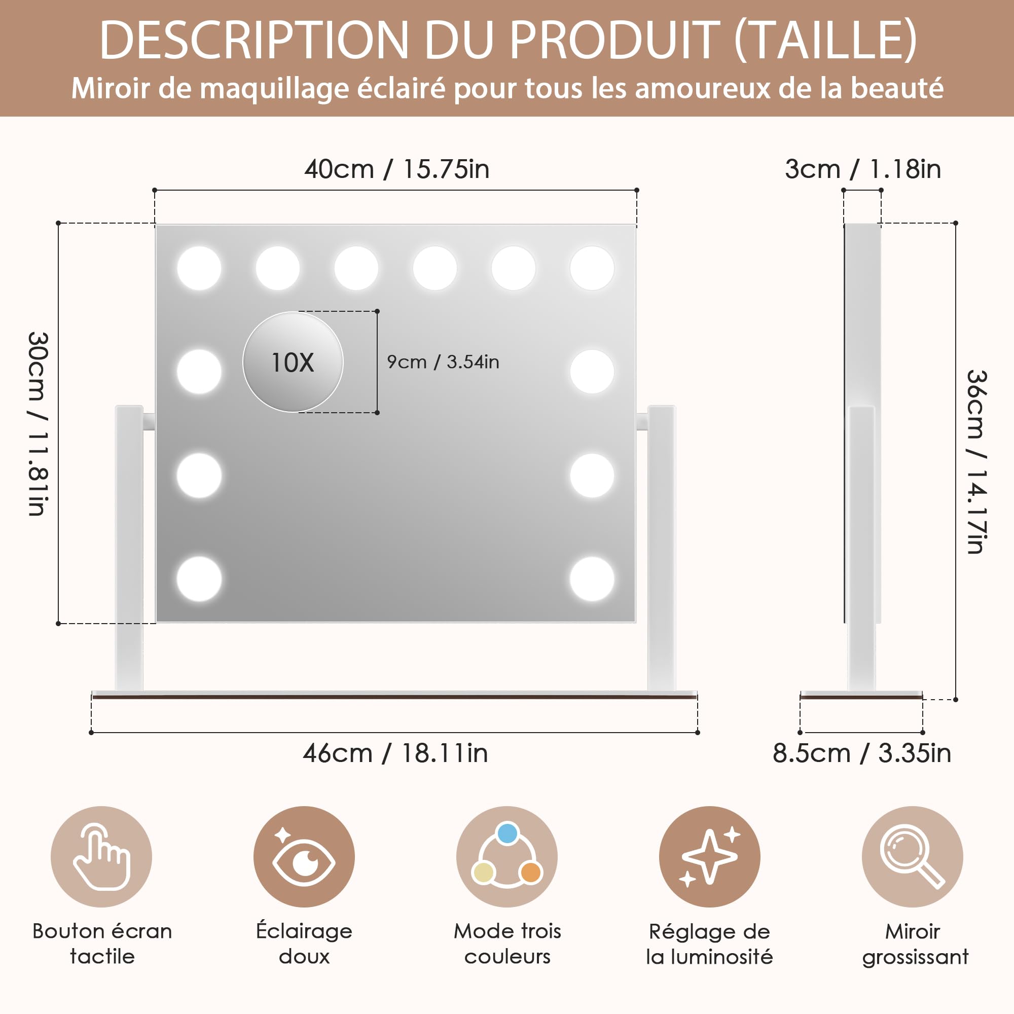 Sucedey Miroir de Maquillage avec Lumières LED, 46 x 36 cm – Miroir Hollywood 3 Modes de Couleur & Luminosité Réglable, Miroir Détachable 10x Zoom, Rotation 360° (Blanc)
