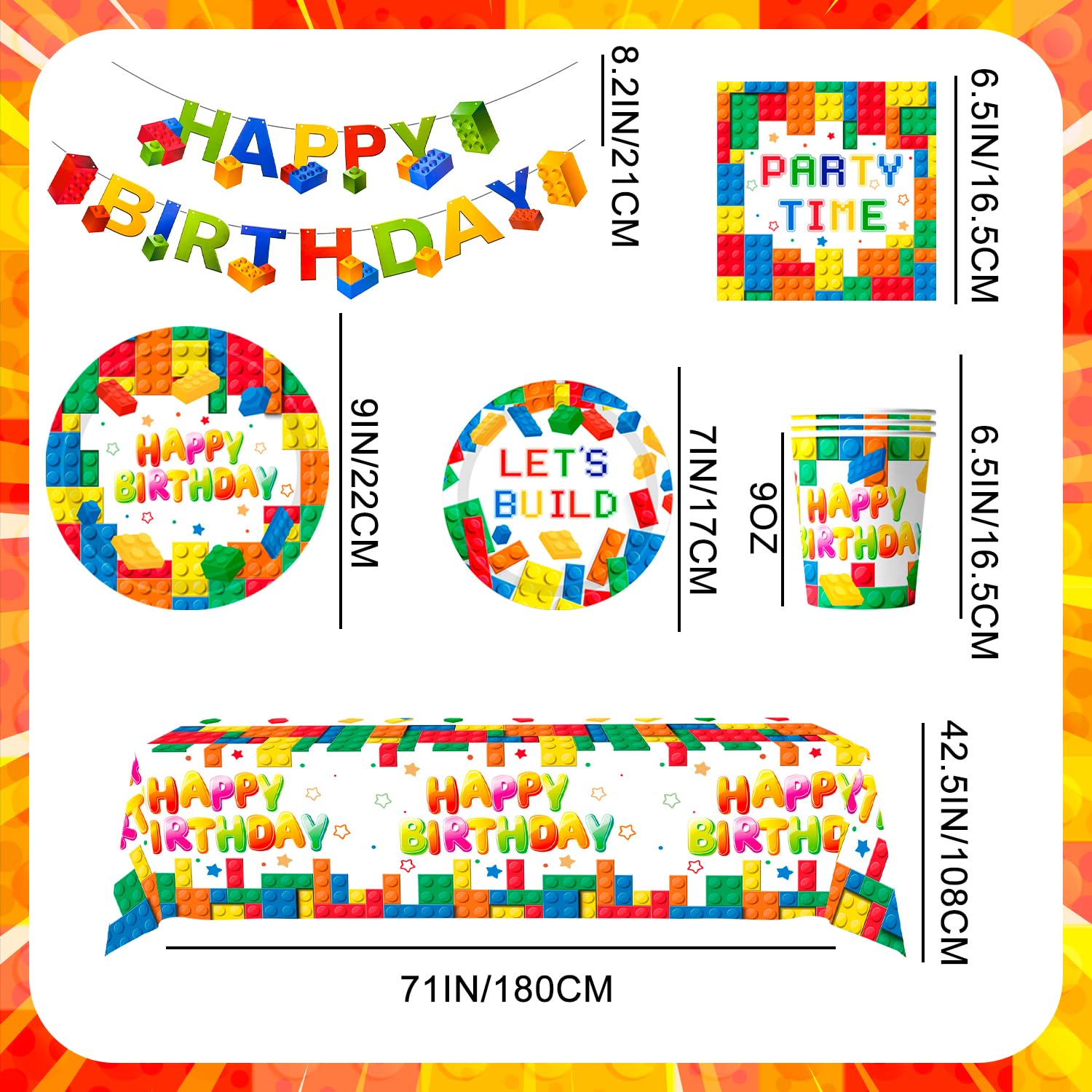 Blocchi di Costruzione Stoviglie per Feste, 16 Ospiti Building Block per Feste Set Building Block Banner di Compleanno Piatti Tazze Tovaglioli Tovaglie etc Stoviglie per Feste di Compleanno