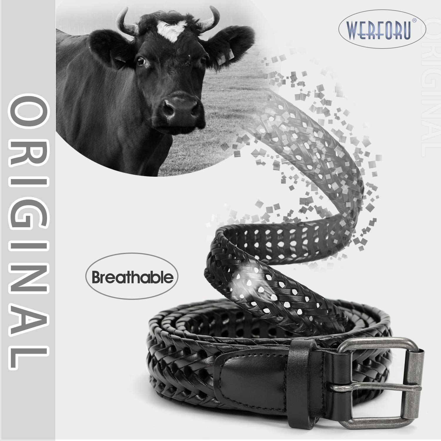 Cinturón trenzado de cuero para hombre, cinturón tejido de cuero de vaca para jeans de 1.3 pulgadas de ancho con hebilla de punta, D-naranja marrón 3