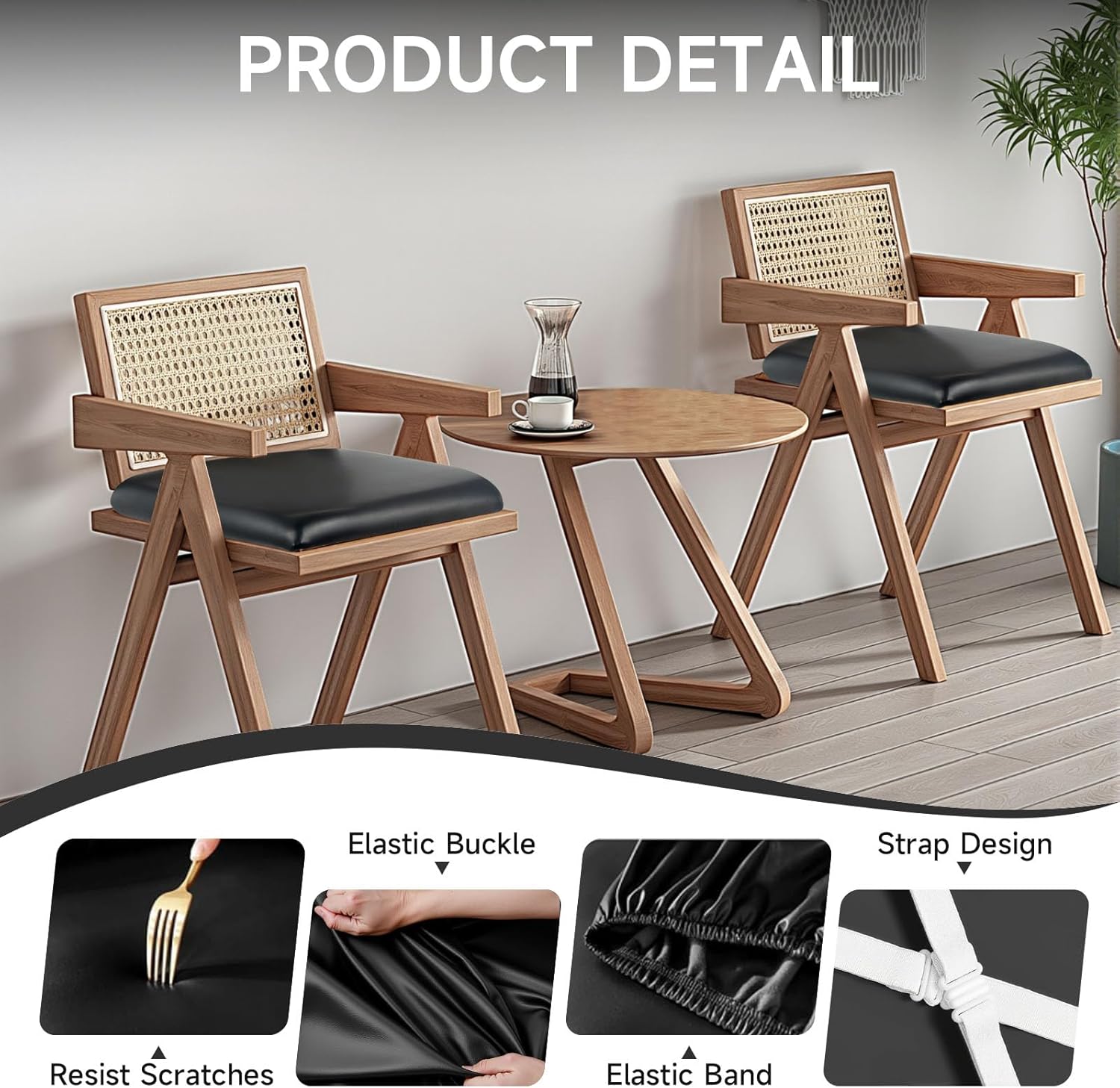 PU Leather Seat Covers for Dining Chairs, 8 Pack 100% Waterproof Dining Room Chair Seat Covers Stretch and Wipeable Kitchen Chair Cover Protectors (PU Black, 8 PCS)