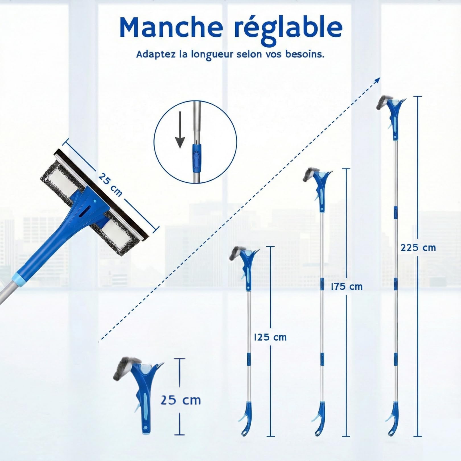 Raclette Vitre Professionnelle – Lave Vitre 4 en 1 avec Manche Télescopique 25 à 225 cm et Pulvérisateur pour Nettoyant Vitre – Nettoyeur Vitre pour Un Nettoyage Impeccable - Kit Polyvalent