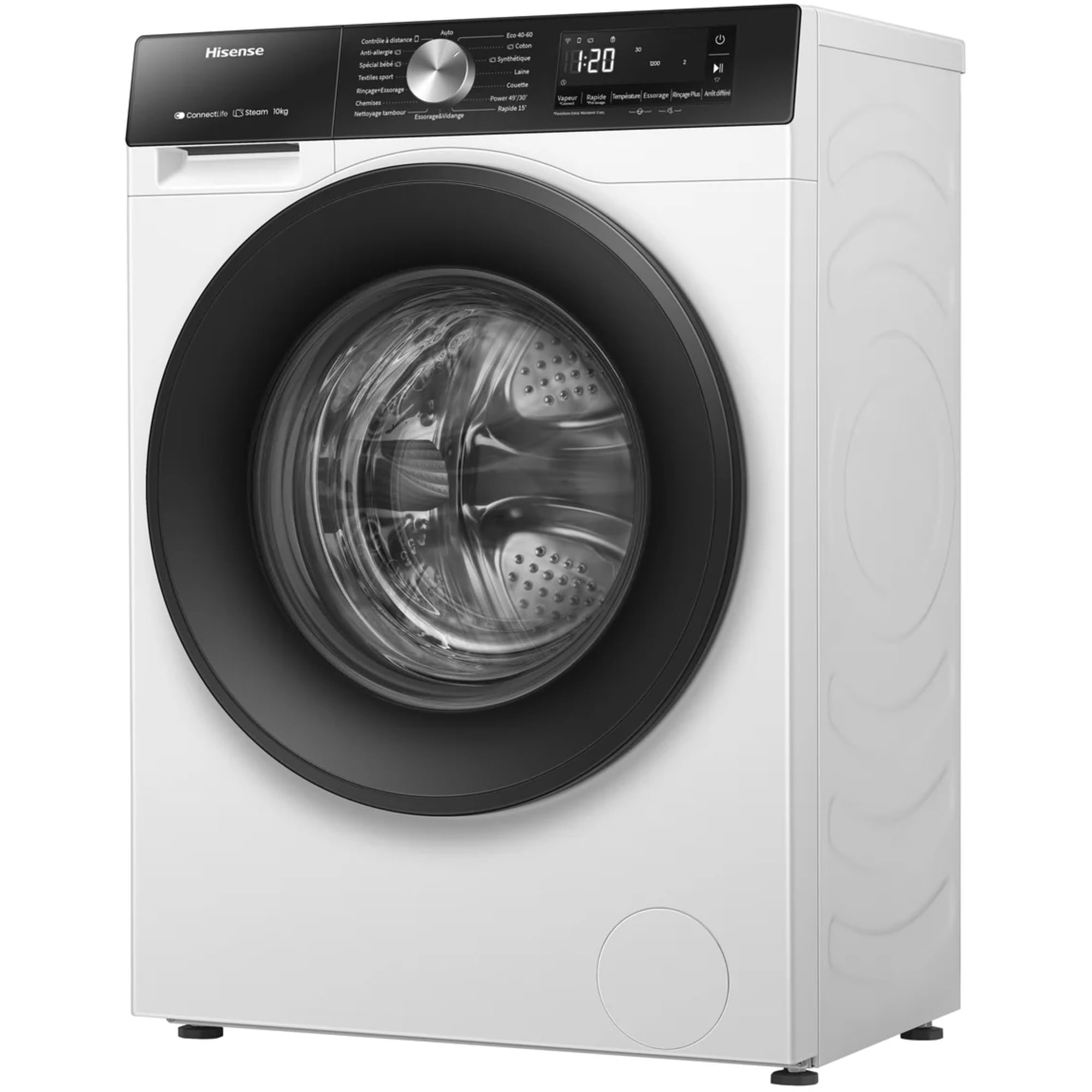 Hisense WF3S1043BW3 – Lave-linge à vapeur, classe A, 10,5 kg, connectivité WiFi, fonction vapeur 99,9%, lavage auto wash, lavage rapide 15", PureJet, blanc