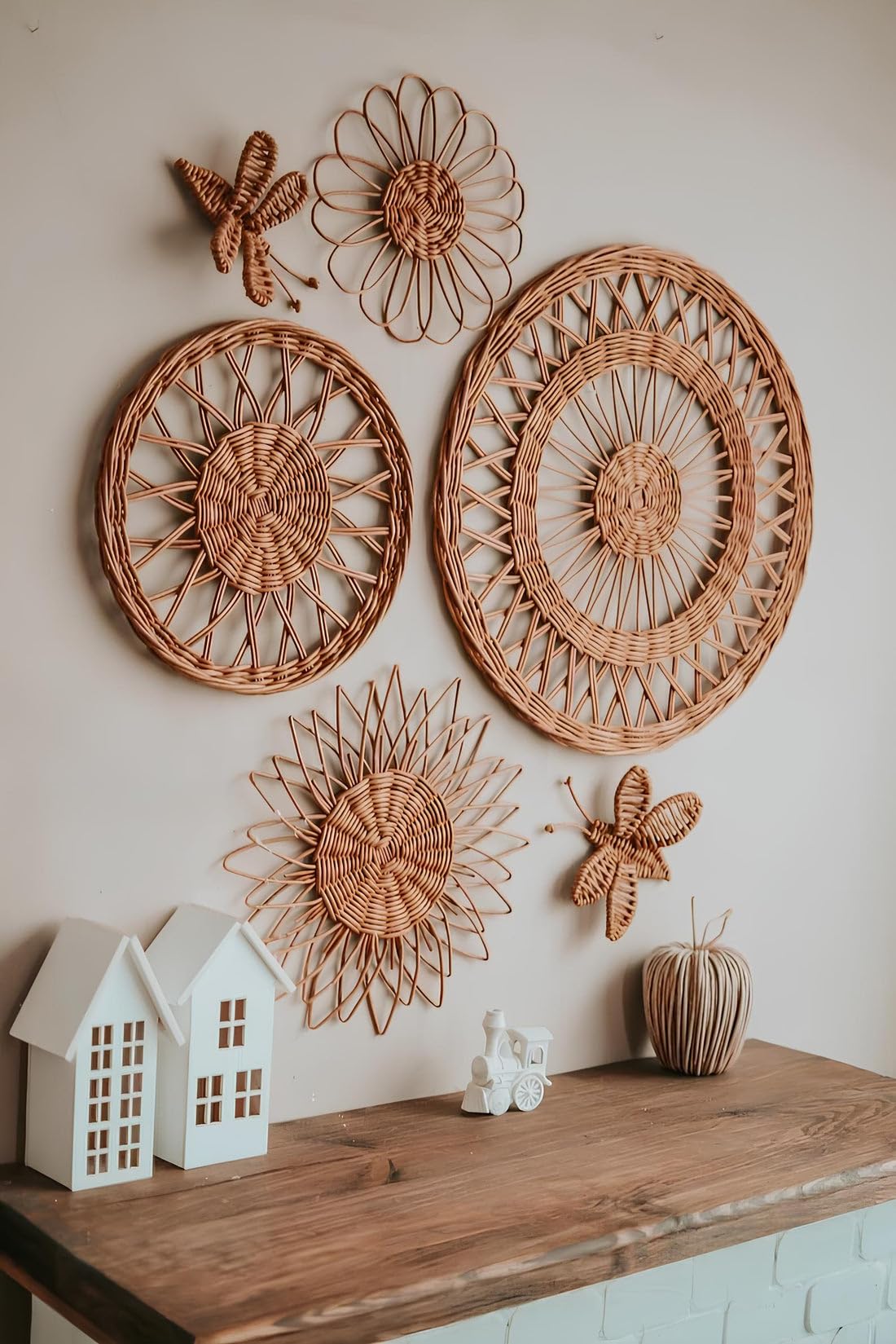 IRA Wicker Wall Basket Set for Home Décor | Bamboo & Rattan Wall Hanging Baskets with Braided Butterflies | Boho Natural Decorative Art for Living Room, Bedroom, Café, Office (Set of 4 + 2)-picture-14