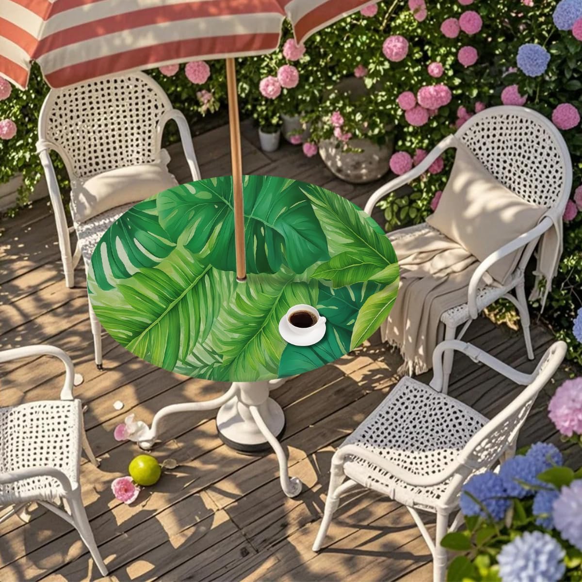Palm Leaf Green Round Outdoor Table Cloth with Umbrella Hole Palm Leaf Summer Outdoor Round Fitted Tablecloth with Elastic Edge Waterproof Circle Table Cover for Patio Garden Picnic (45-56 in)