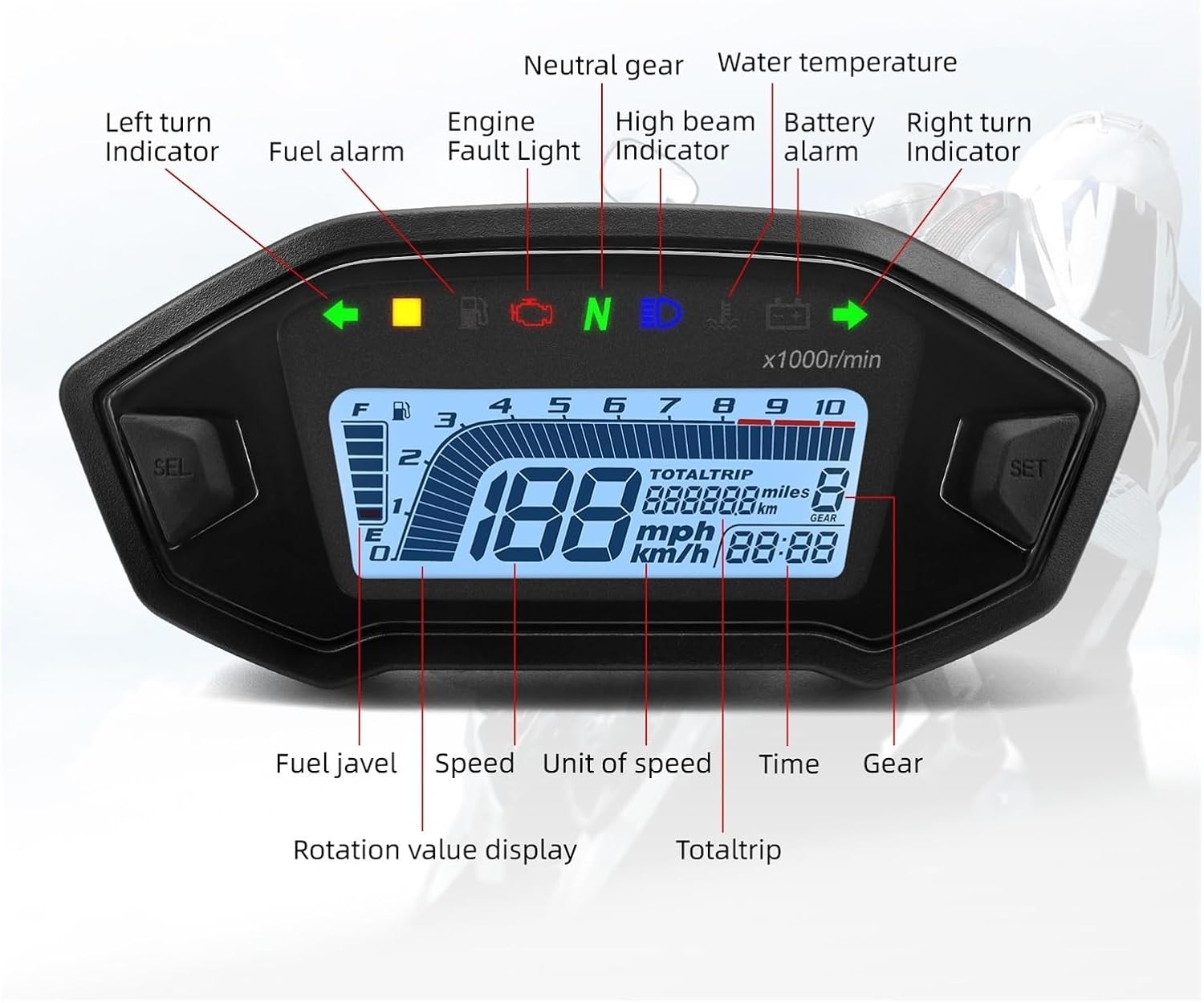 Speedometer Gauge 12V Moto Dashboard Digital Speedometer Tachometer Motorcycle Accessories Instrument LED Display 0~10000 RPM for 1-4 Cylinder