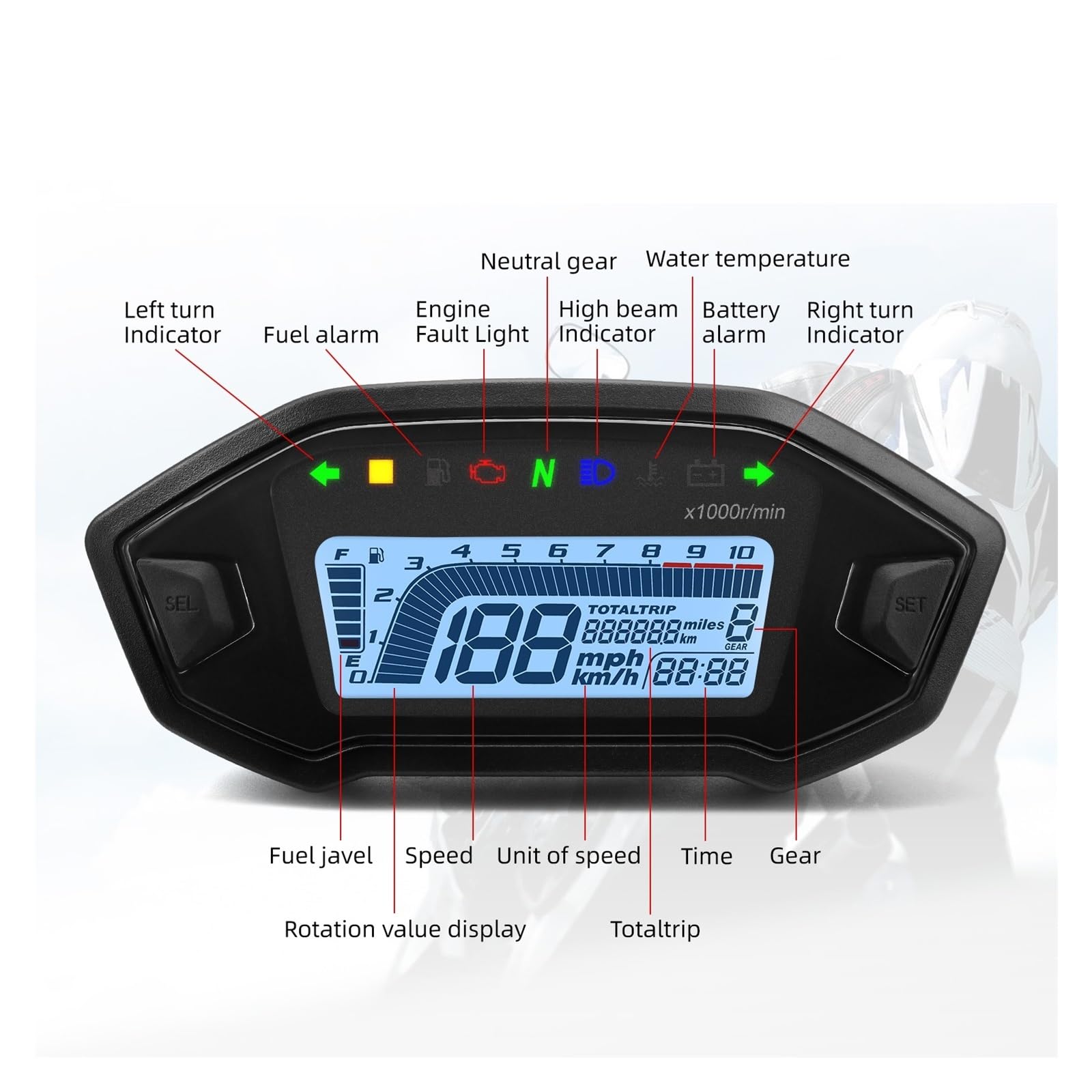 Contagiri contachilometri 12V Moto Cruscotto Tachimetro Digitale Contagiri Accessori Moto Strumento Display A LED 0~10000 RPM Per 1-4 Cilindro