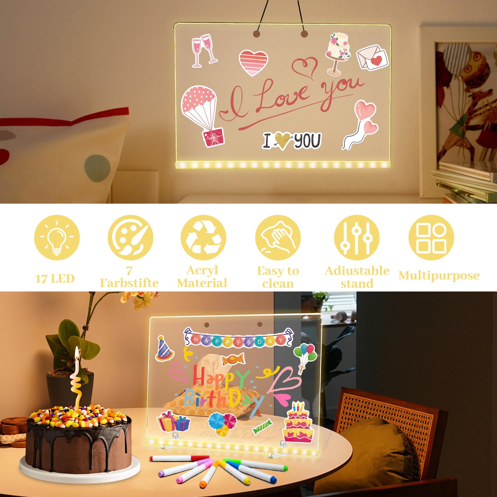 Tableau Lumineux LED Enfant 30x20cm - Acrylique Effaçable, 7 Stylos Couleur, Support, Autocollants, Message Lumineux