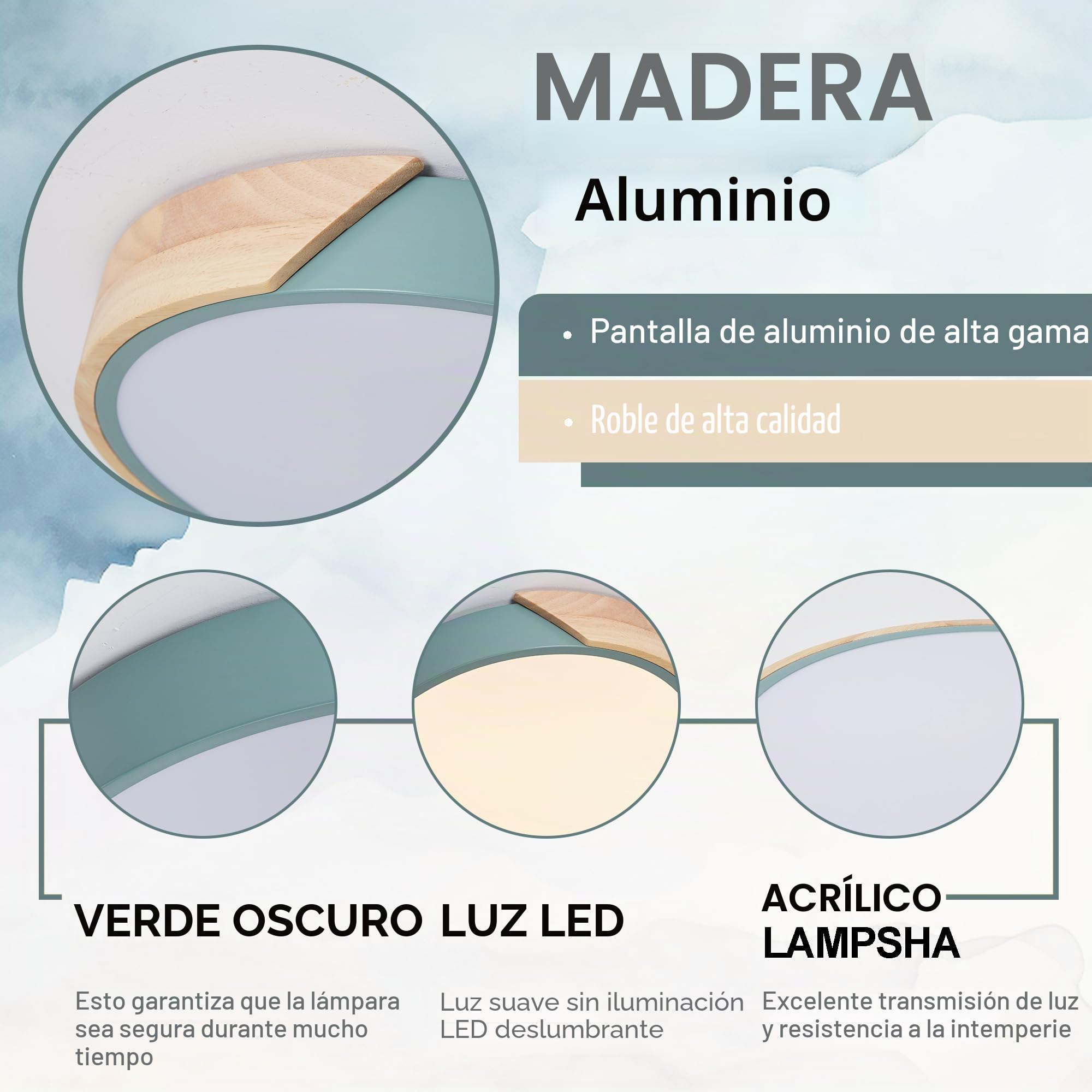 Lampara techo,regulable empotradas de madera, 40cm plafon led techo para sala de estar, dormitorio, cocina, salón (verde 40cm)