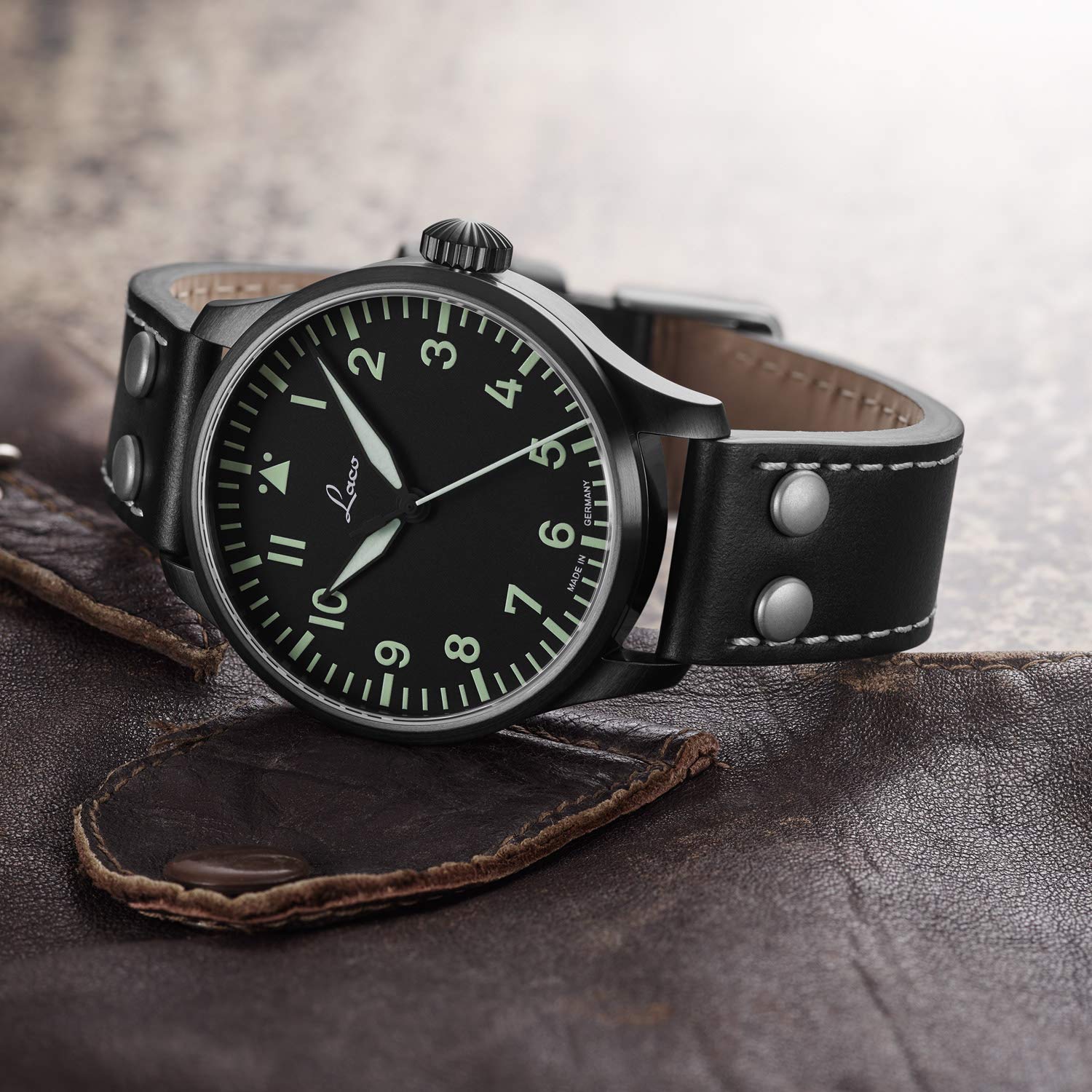 Laco Reloj de aviador automático, carcasa de acero inoxidable, cristal de zafiro, 5 bar, fabricado en Alemania