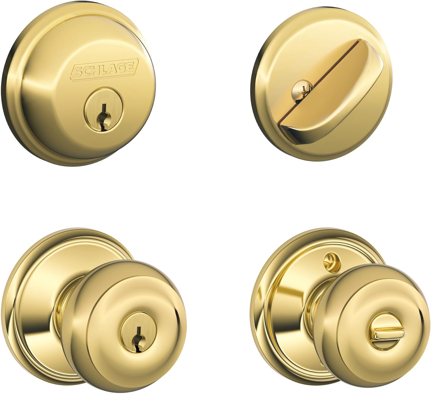 Schlage FB50N V GEO 505 B60 Single Cylinder Deadbolt and F51 Keyed Entry Georgian Knob Keyed Alike, Bright Brass Finish