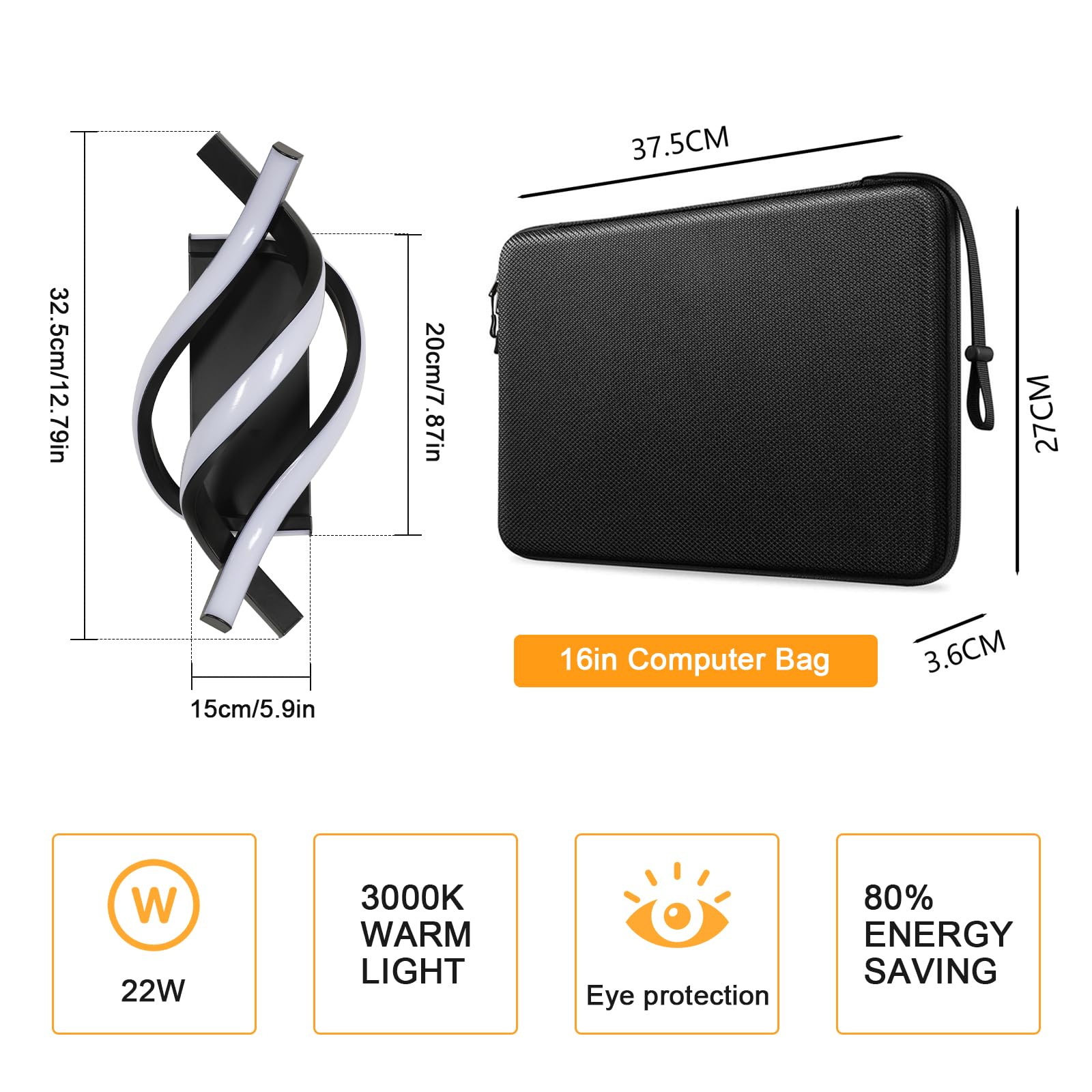 Lampada da Parete Interno, Applique da Parete led Moderno 22W 2500 Lumen, Appliques Camera da Letto Design Curvo 3000K Luce Bianca Calda, Nero [Classe di efficienza energetica E]