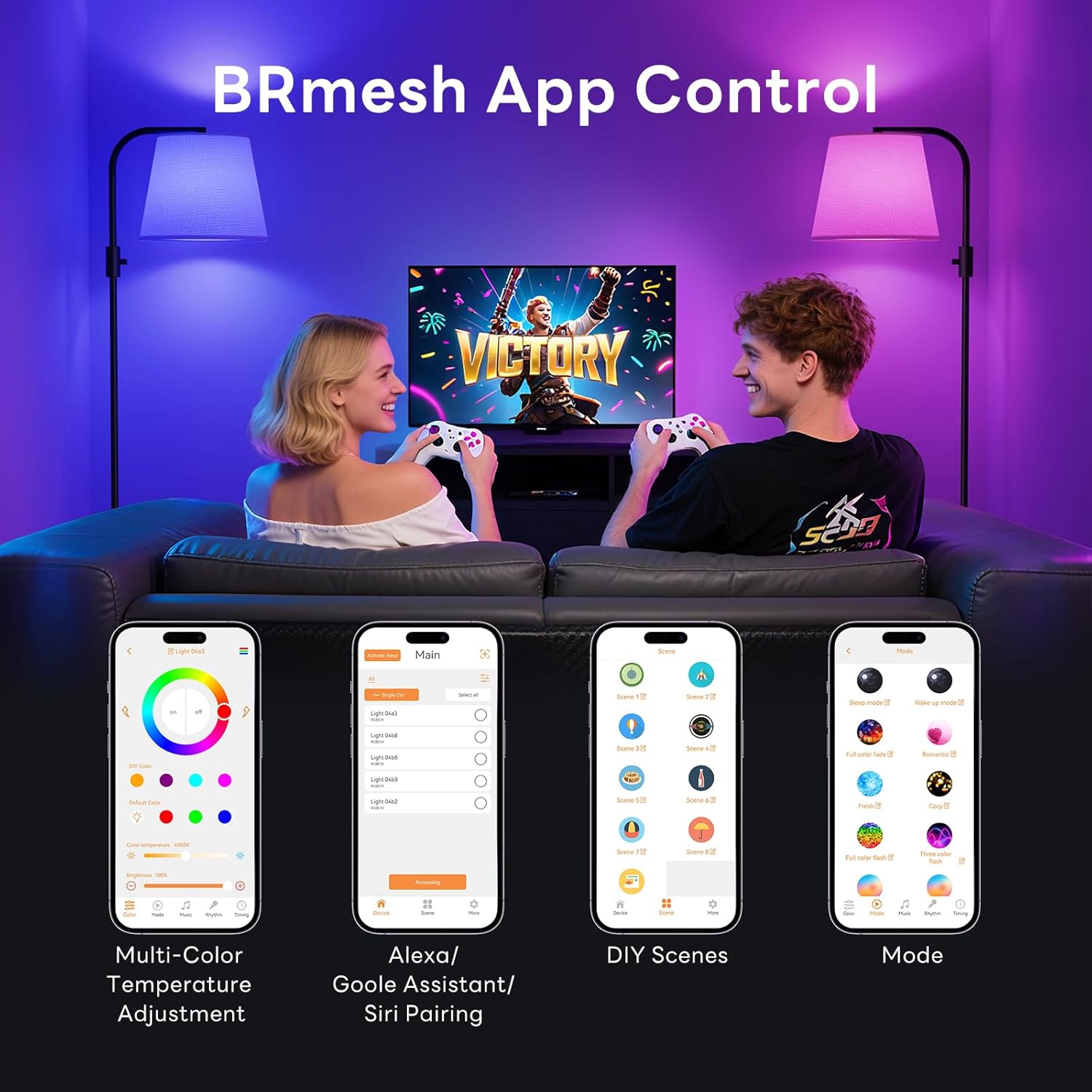 Arc Floor Lamp for Living Room with Smart RGBCW Color Changing Bulbs Dimmable, Stand lamp Compatible with Alexa, Siri, Google Voice & App Control, Tall Lamp for Living Room, Bedroom, Black