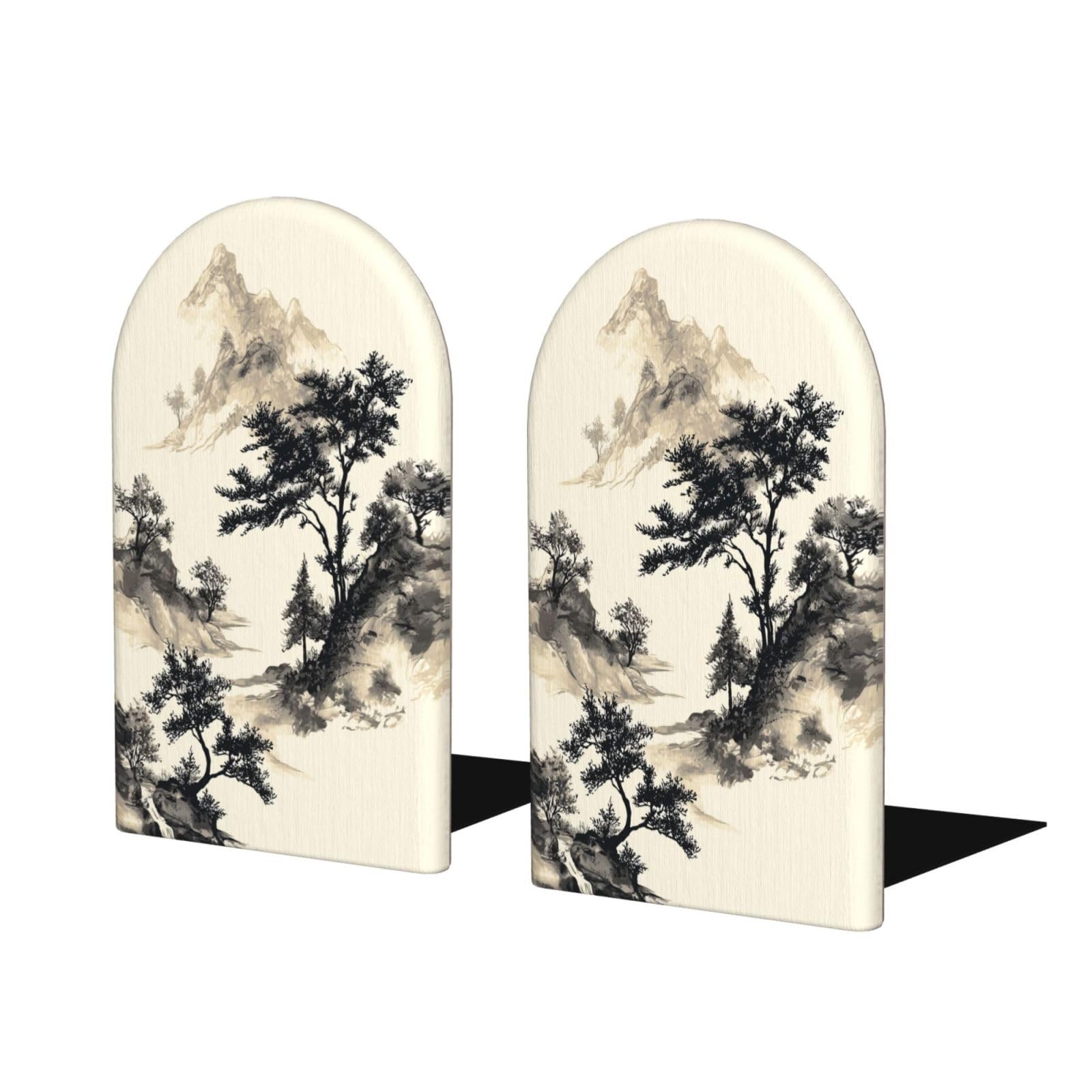 Woshuwo Khaki Minimalist Vintage Fantasy Trees Mountains Bookends For Shelves 2 Pcs Wooden Book Stopper Organizer For Home Office Libraries