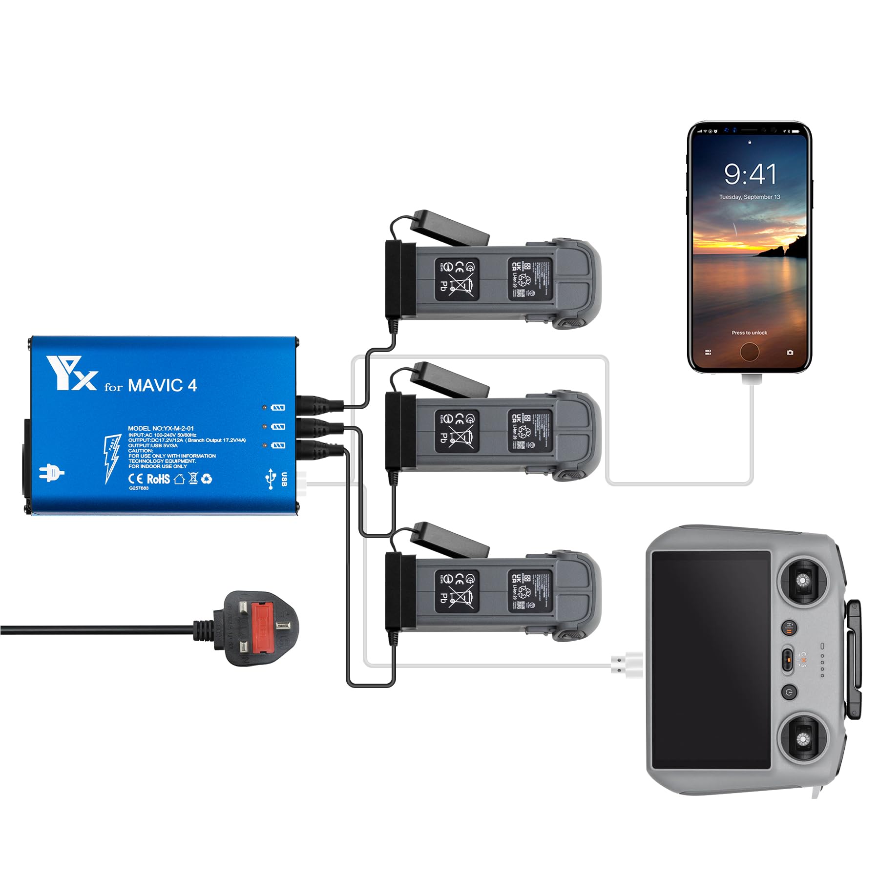 LYONTECH Battery Charger for DJI Mavic 4 Pro Drone,5 in 1 Rapid Smart Battery Charging Hub (Simultaneous Charge 3 Batteries & 2 USB Ports)