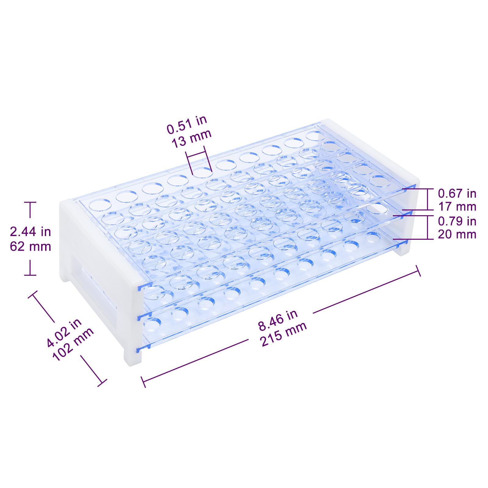 BorinGlass Portatubi di Prova con 50 Posti per Tubi di 13 mm di Diametro Esterno, Organizzatore Da Laboratorio in Plastica Robusta