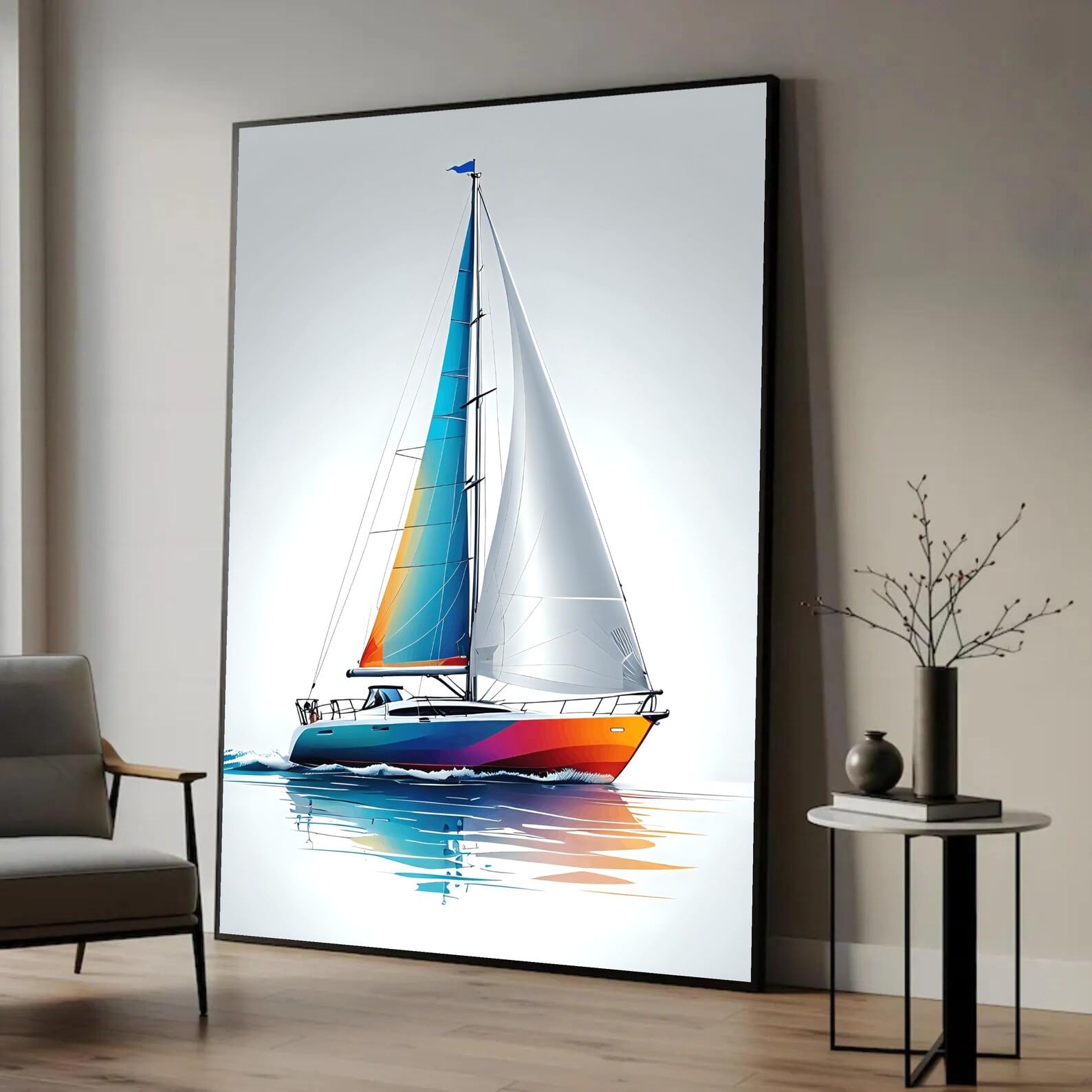 Tongyinli Frameless Colorful Sailboat Art Canvas Print, Nautical Yacht Posters, Coastal Reflection Wall Decor Mural(70X100cm/Frameless)