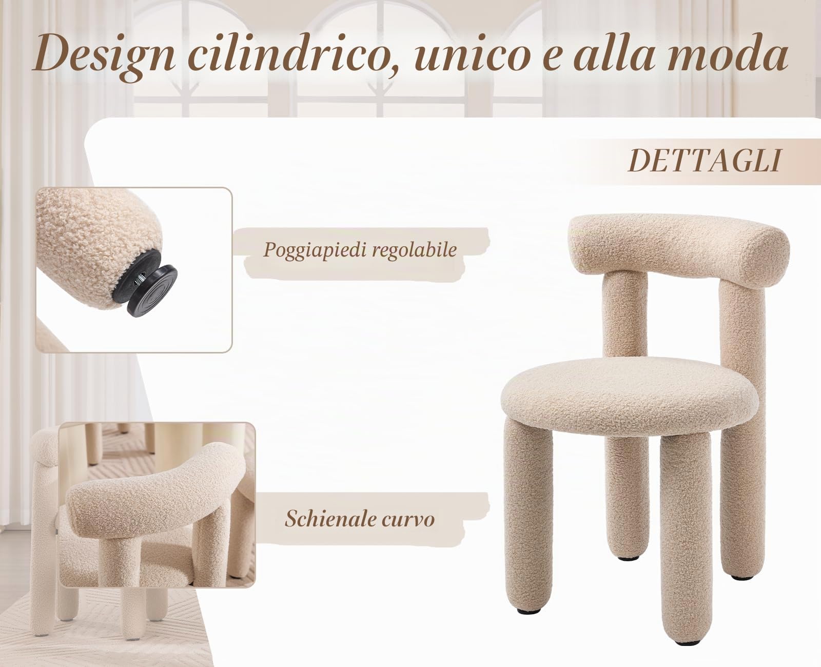 chairus Set di 2 Sedie da Pranzo in Pelliccia Sintetica, Cachi | Sedia Cucina Senza Braccioli Sedia Moderna Design con Gamba Avvolta in Tessuto per Cucina/Soggiorno/Sala da Pranzo