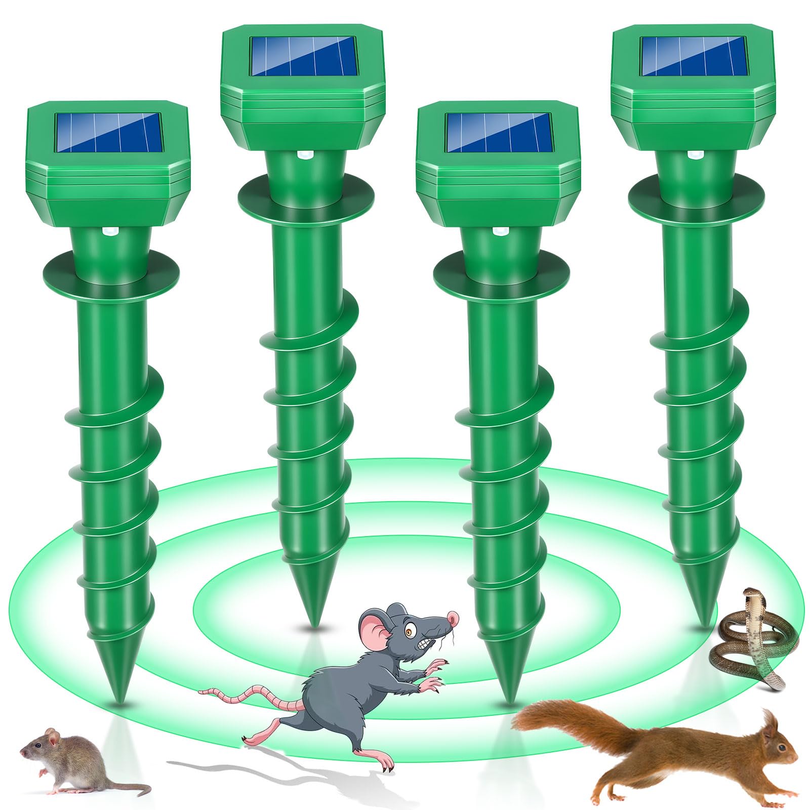 4 Pack Maulwurfschreck Solarbetriebene Schraube Ultraschall Gopher Abschreckung Pfahl für Rasen im Freien, Ultraschall Wühlmausschreck Outdoor für Streifenhörnchen, Murmeltiere, Nagerabwehr für Hof
