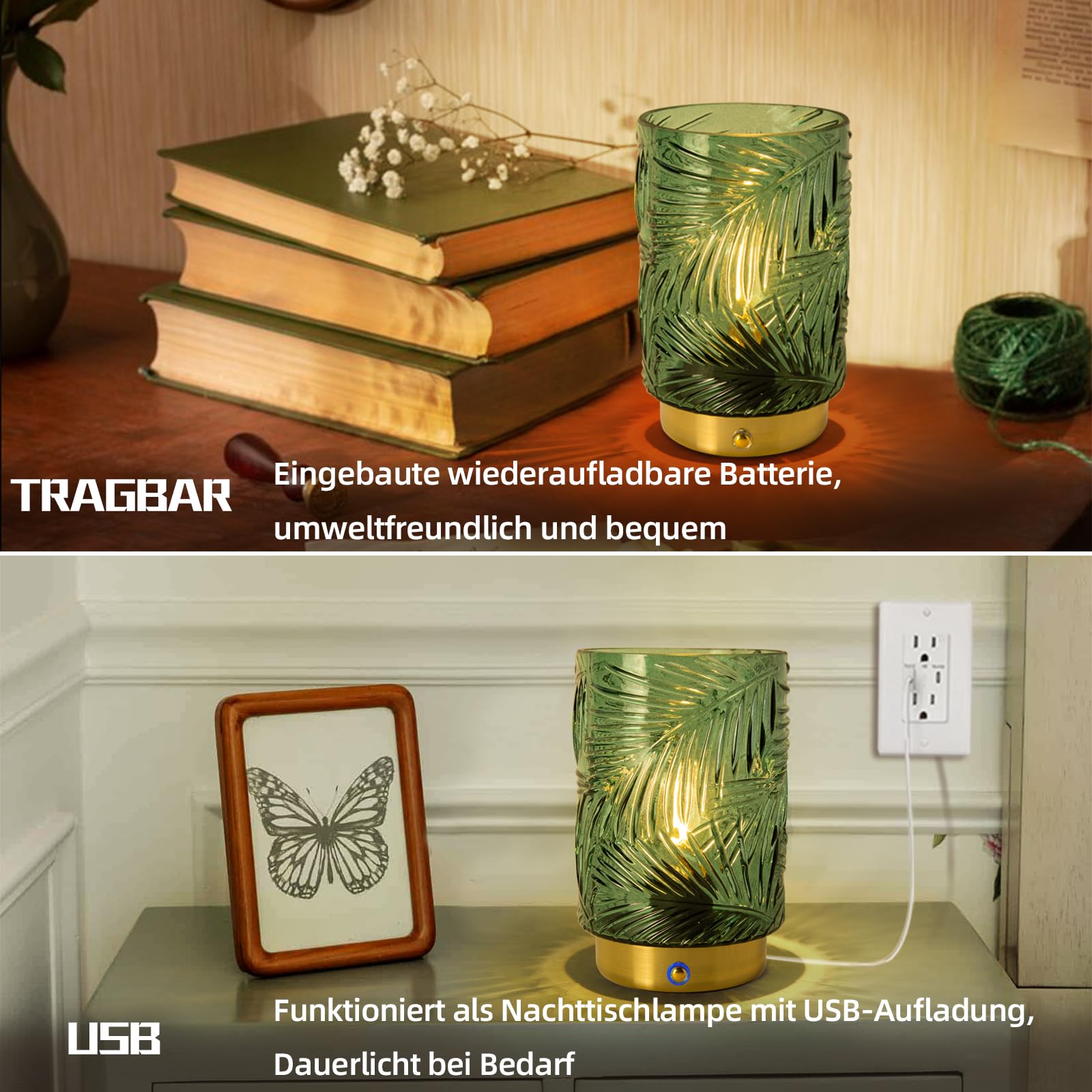 MJ PREMIER Wiederaufladbare Tischlampe Kabellose, Akku LED Tischleuchte mit Touch-Schalter, Dimmbare Tischlampe aus Glas, Dekorative USB Aufladbar Lampe, Notlampe für Stromausfall, (Grün, Mini)