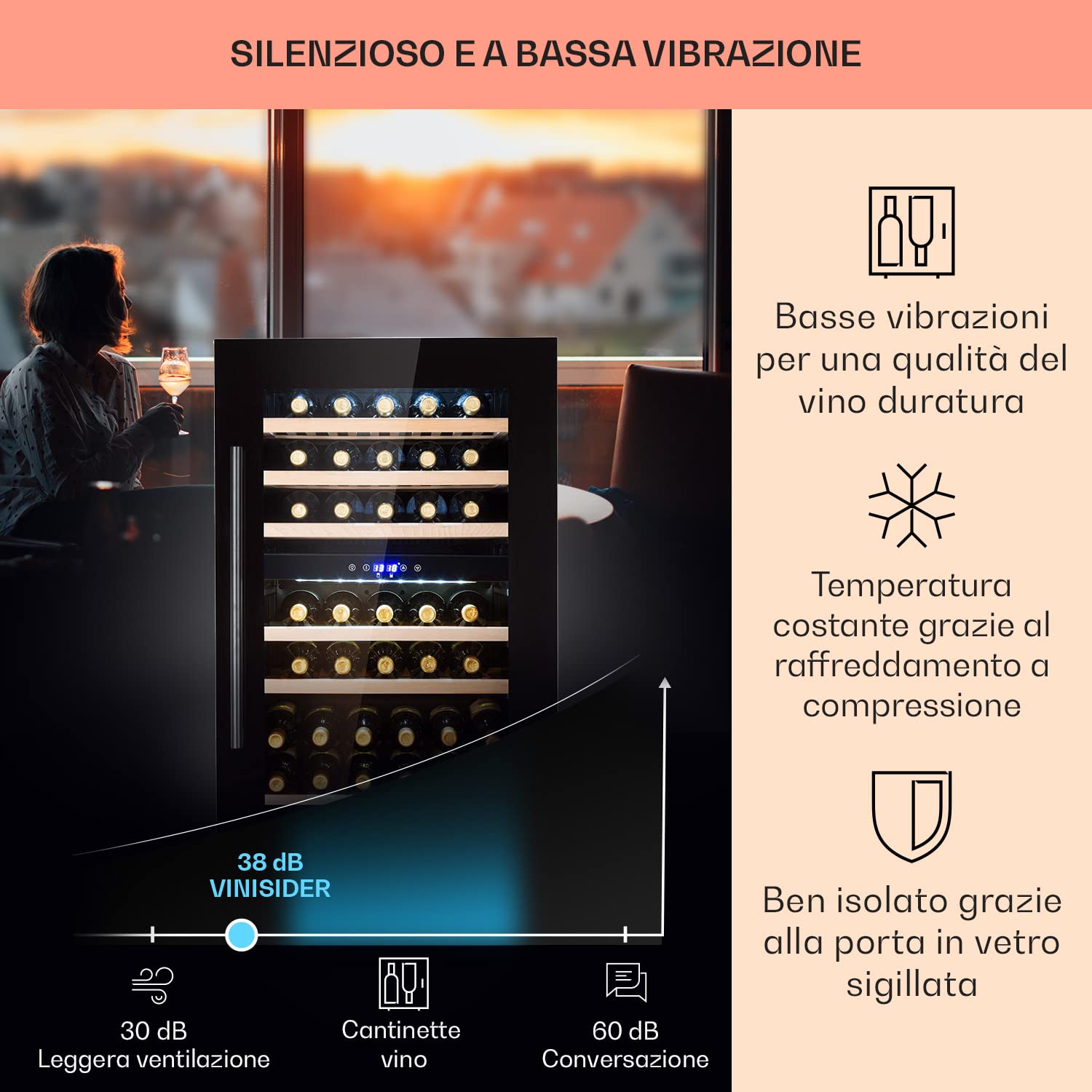 KLARSTEIN Cantinetta Vino Design da Incasso, Refrigerata a Zona Doppia per Vino Rosso, Bianco e Birra, Controlli Touch, Frigo per Esterno/Interno, 132L, 35 Bottiglie