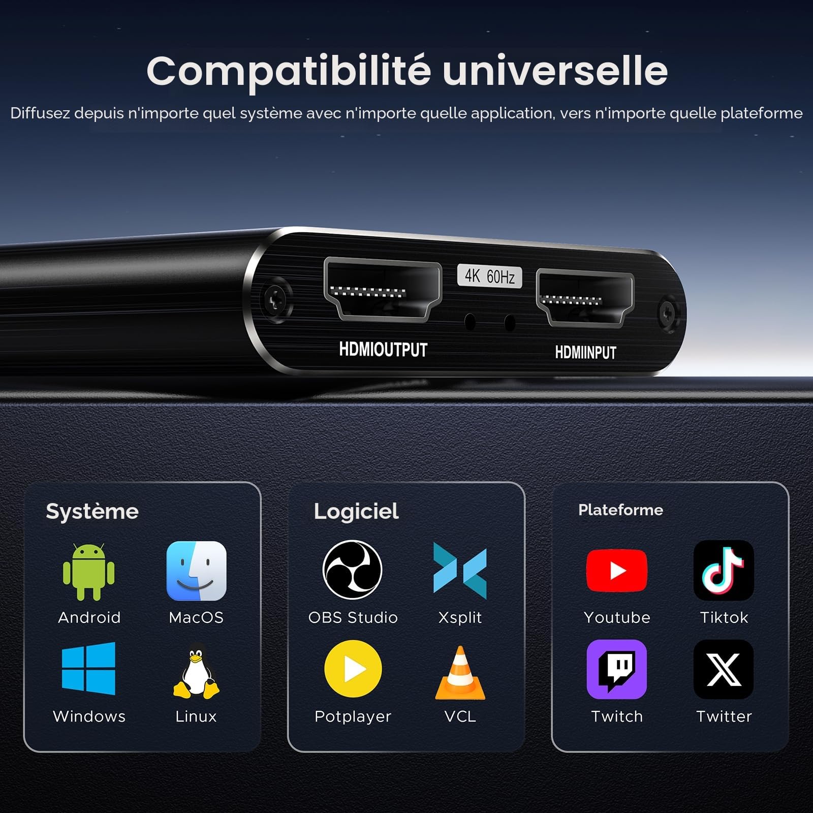 XIIXMASK Carte d'acquisition vidéo, Carte de Capture USB 3.0 4K HDMI en Boucle, 1080P 60FPS/2K 30FPS Capture de Jeu vidéo pour Le Streaming Fonctionne pour PS5/Switch/PC/OBS(Noir)