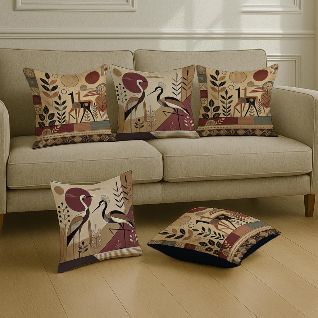 STITCHNEST Satin Cushion Covers Cranes with Tribal Botanical Motifs in Earthy Tones, 16x16 Inch, Pack of 5 for Sofa, Living Room or Boho Minimalist Interiors