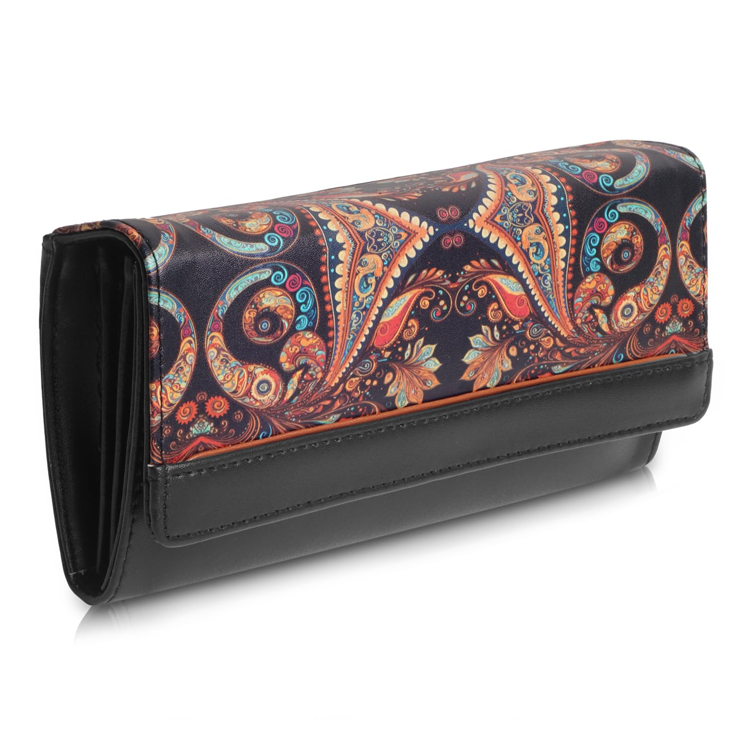 Wallet for Women Girls Stylish Latest Printed Faux Leather with Phone Space Coin Compartment Mobile Storage 4 Card Slots Holder Cash Zip Pockets Hand Clutch for Daily Use Ladies Long Purse (Black)