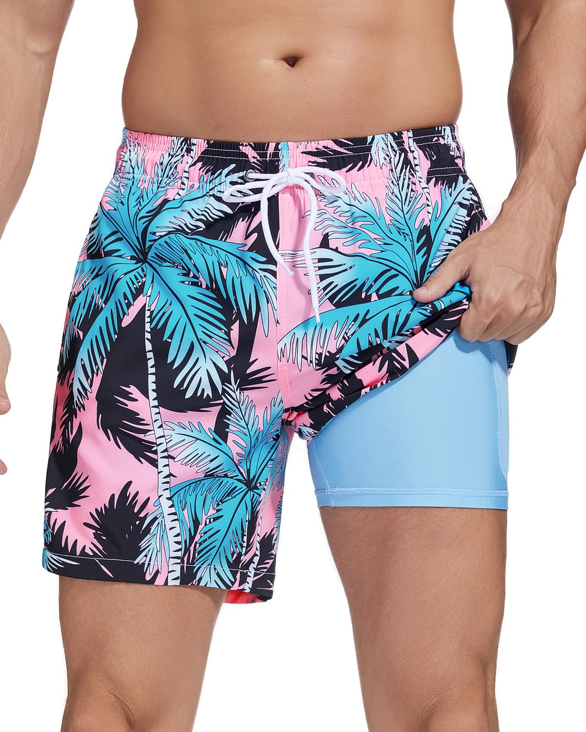 SILKWORLD Mens Swimming Trunks with Compression Liner and Zipper Pockets
