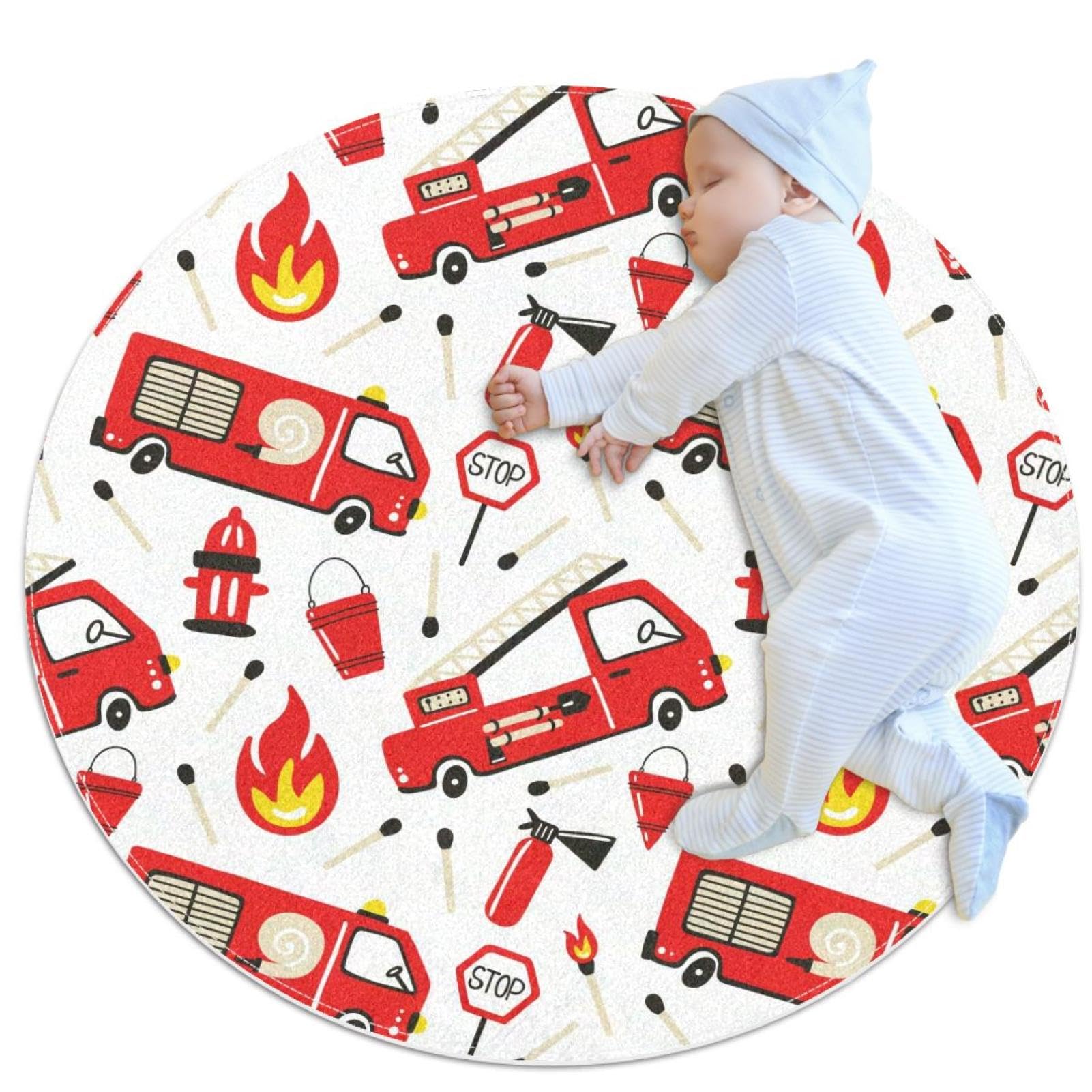 Tapis de sol antidérapant camion de pompier chambre enfant rond 1m