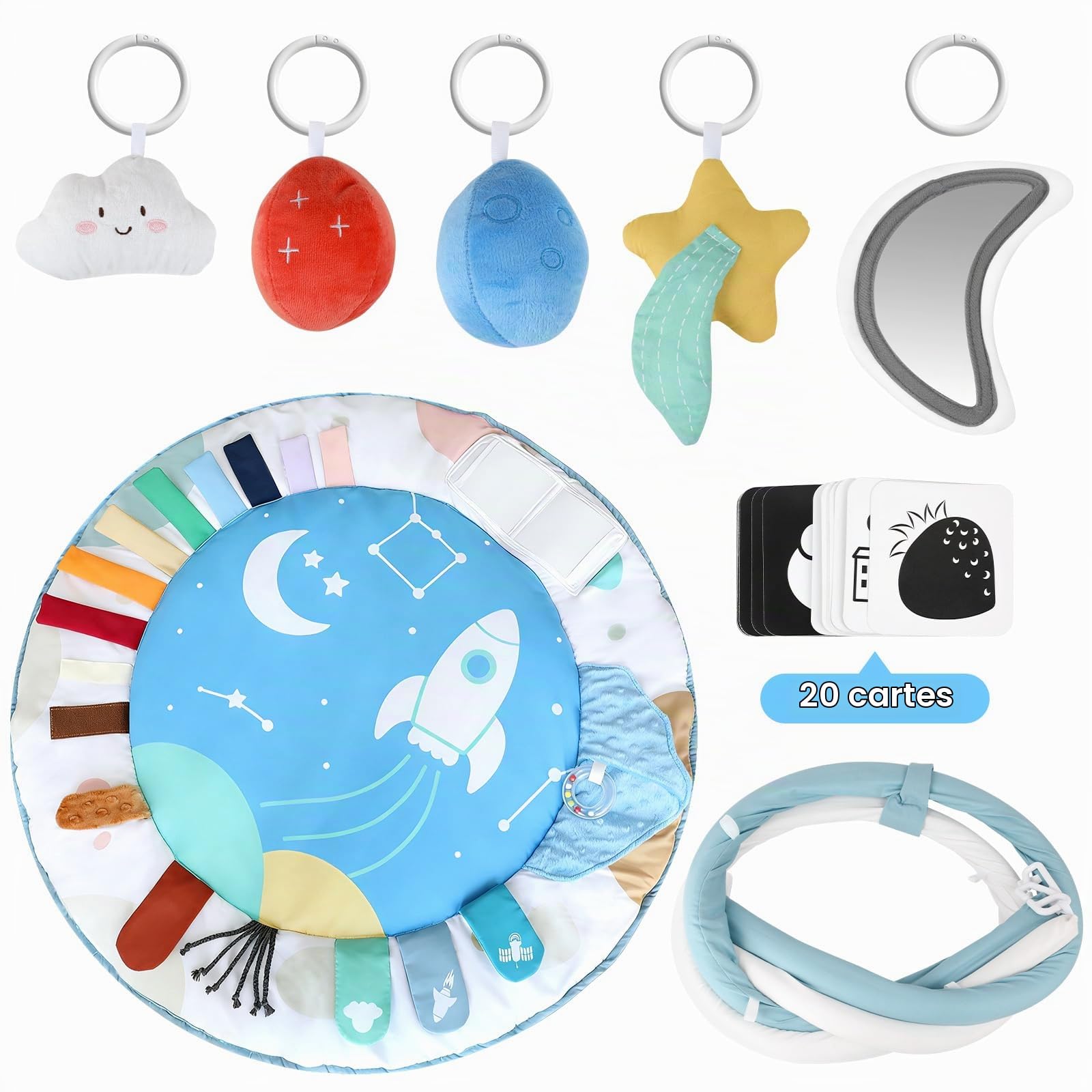 LabTEC Tapis d'éveil pour bébé, tapis d'activités, avec 5 zones de développement et 5 jouets sensoriels amovibles pour stimuler la motricité et le développement sensoriel (bébés de 0 à 18 mois)