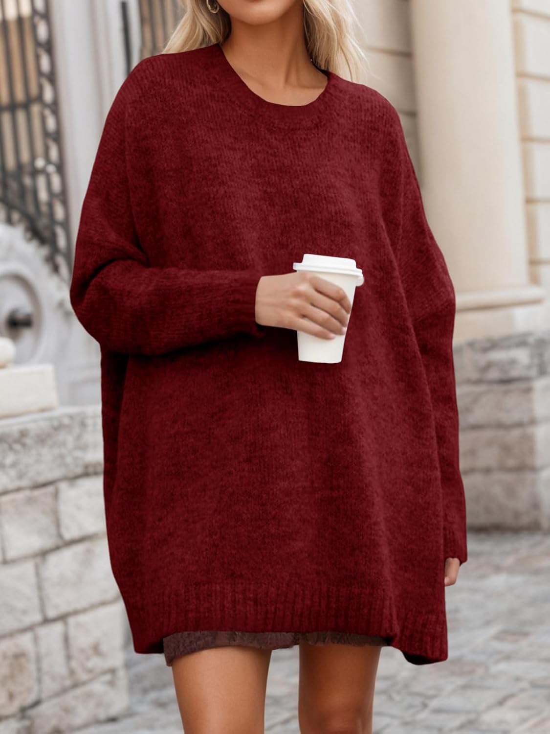 Saodimallsu Womens Oversized Tunic Sweaters Long Sleeve Crew Neck Chunky Knit Slouchy Casual Pullover Sweater Tops Burgundy - Image 4