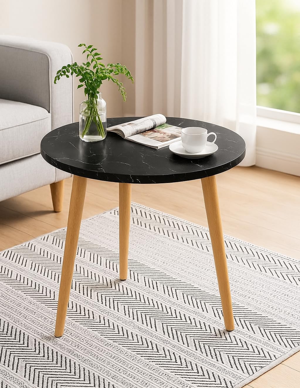 BROWN ART SHOPPEE Coffee Table Faux Marble Design Table Side Table, Round Solid Wood End Table Coffee Table Flower Stand Sofa Side For Living Room Balcony Furniture Decor Corner table-15x15x18 (Black)-image-4