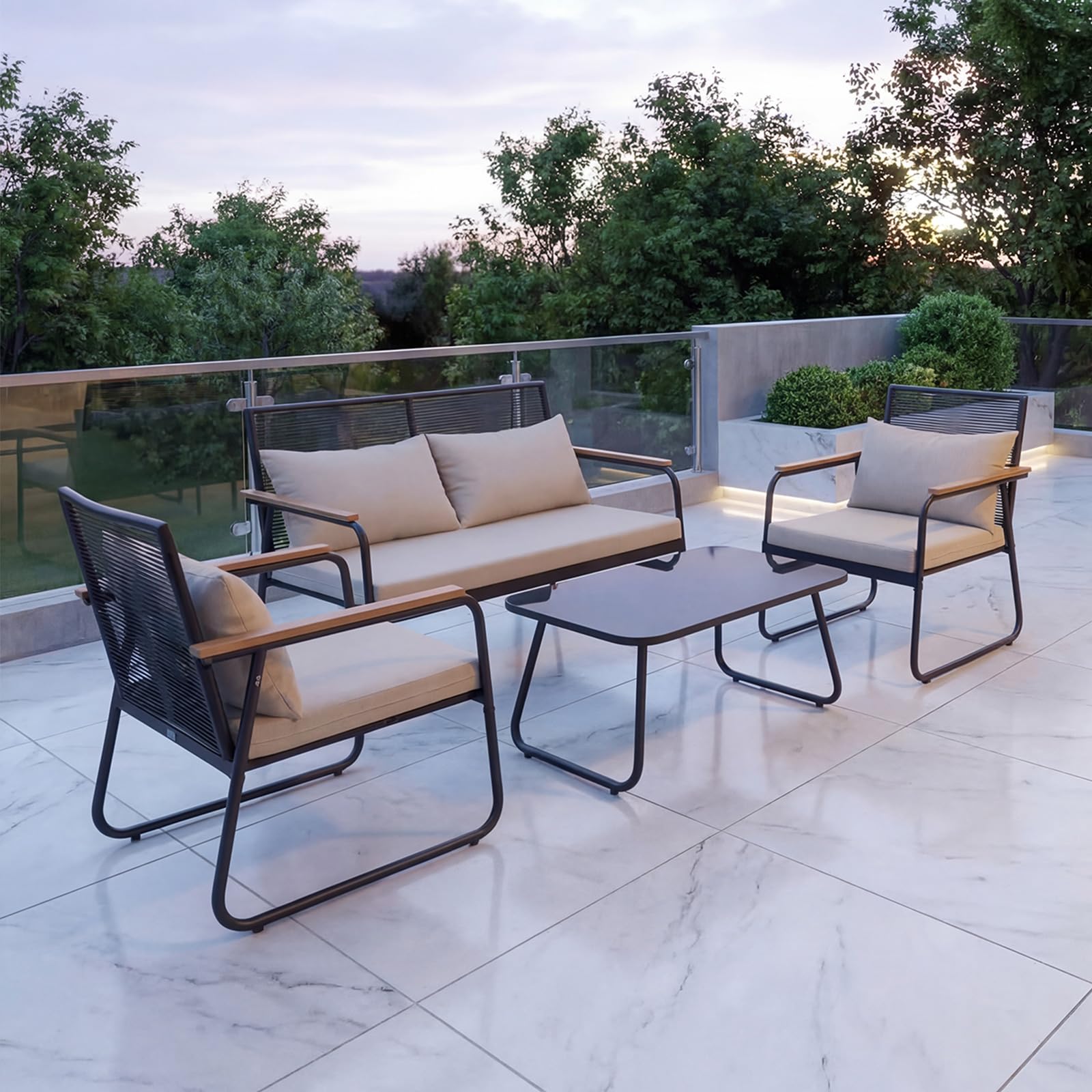 Polyrattan Gartenmöbel Set 3-4 Personen, Gartensofa Set mit Tisch & Kissen, Wetterfest & UV-beständig, Balkonmöbel Sitzgruppe für Terrasse & Garten