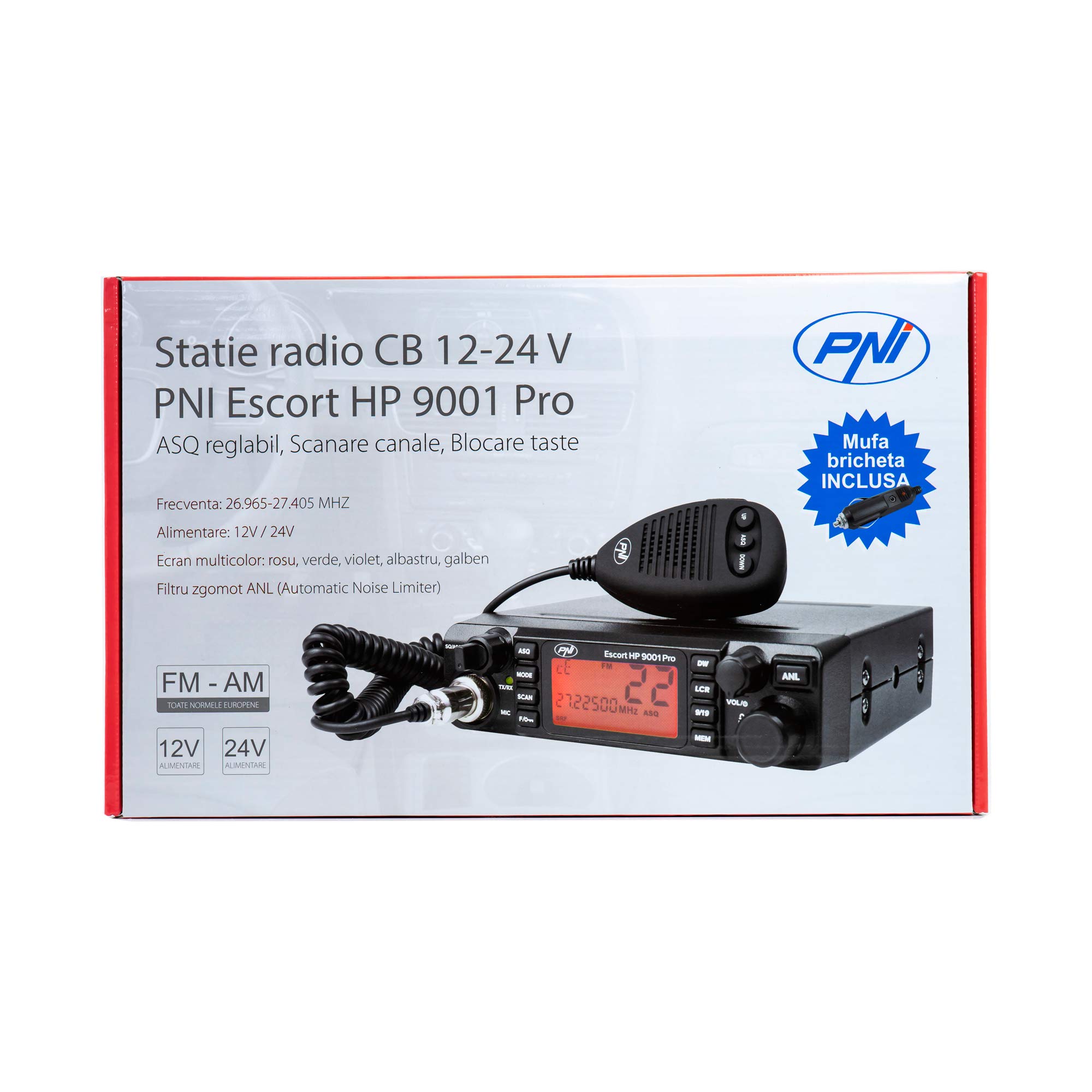 Radio CB PNI Escort HP 9001 PRO ASQ regulowane, AM-FM, 12 V / 24 V, 4 W, skanowanie, podwójny zegarek, ANL, kolorowy wyświetlacz