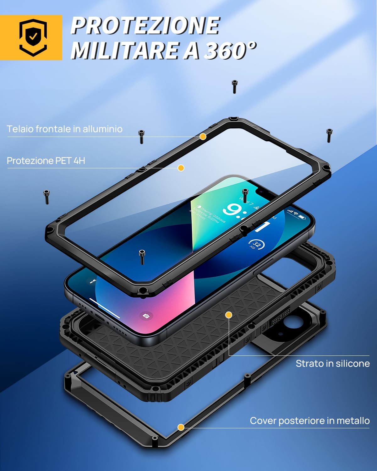 Lanhiem Cover per iPhone 13 IP68 Impermeabile, Metallo 360°Completa Waterproof Case con Protezione Schermo, Militare Antiurto Armor, Subacquea Antipolvere Custodia per iPhone 13, Nero