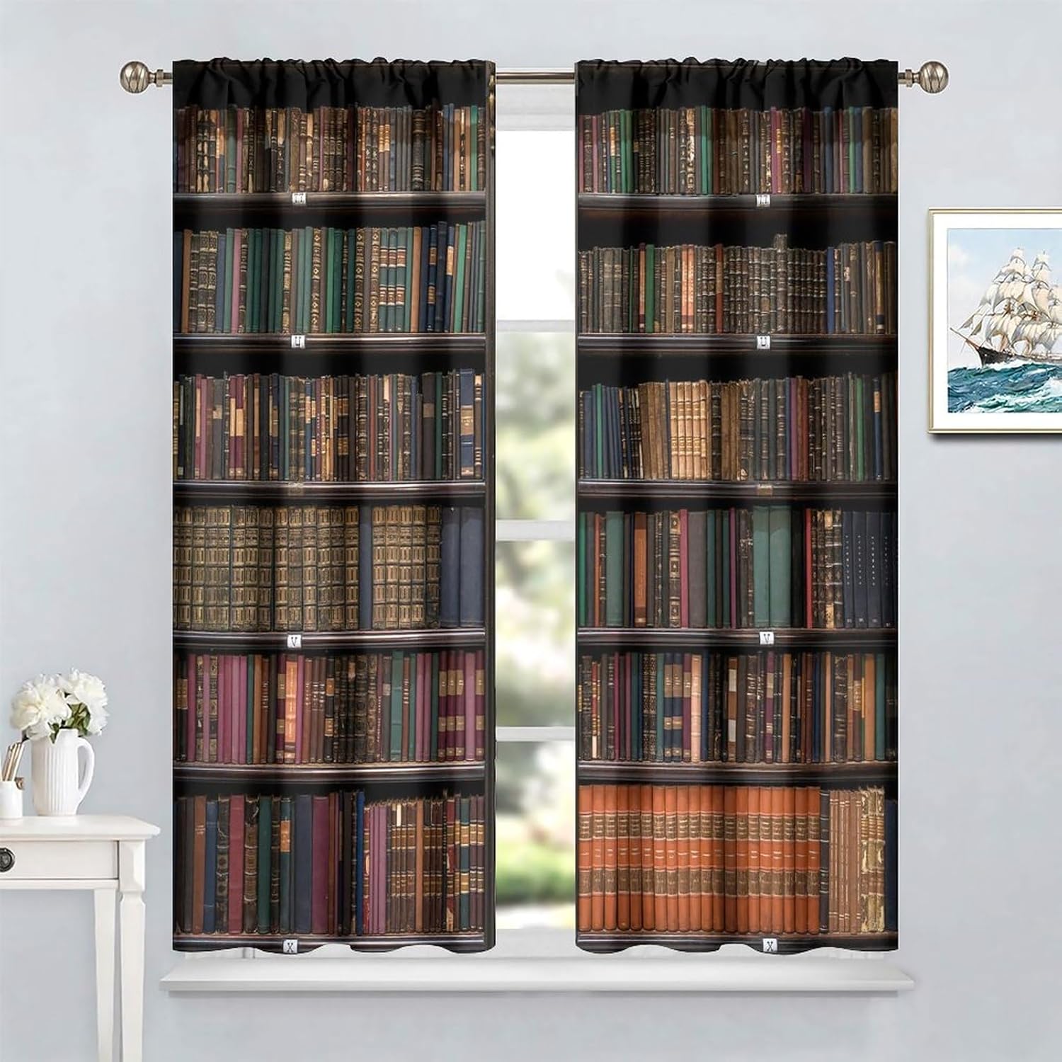 Room Darkening and Shading Curtains, Retro Bookshelf Curtains, Library Bookshelf Books Neatly Arranged Printed Curtains, Kitchen Bedroom Decoration Curtains, Living Room Curtain Set, 42x45 Inches