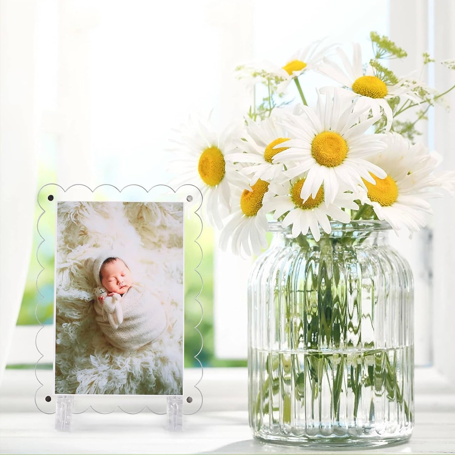 2-Pack Magnetic Clear Acrylic Scalloped Ultrasound Frame with Stand | Dual-Sided For Sonogram & Newborn Photos. Pregnancy Keepsake & Announcement. Baby Registry Gift For Expecting Mom