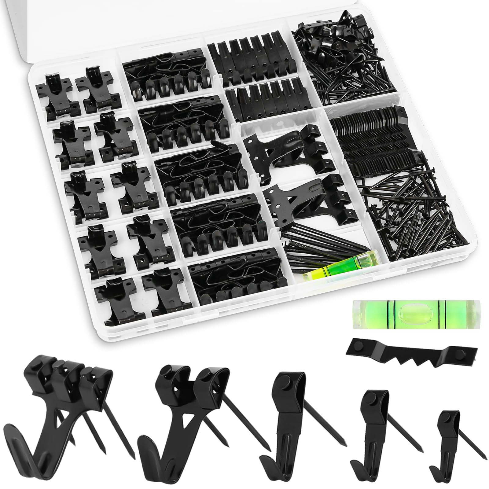 KURUI Picture Hangers, 385Pcs Picture Hanging Kit with Heavy Duty Picture Hanging Hooks, Sawtooth, Hardware Nails and Picture Hanging Tool, Wall Hangers for Frame, Painting, Art, Photo (Black)