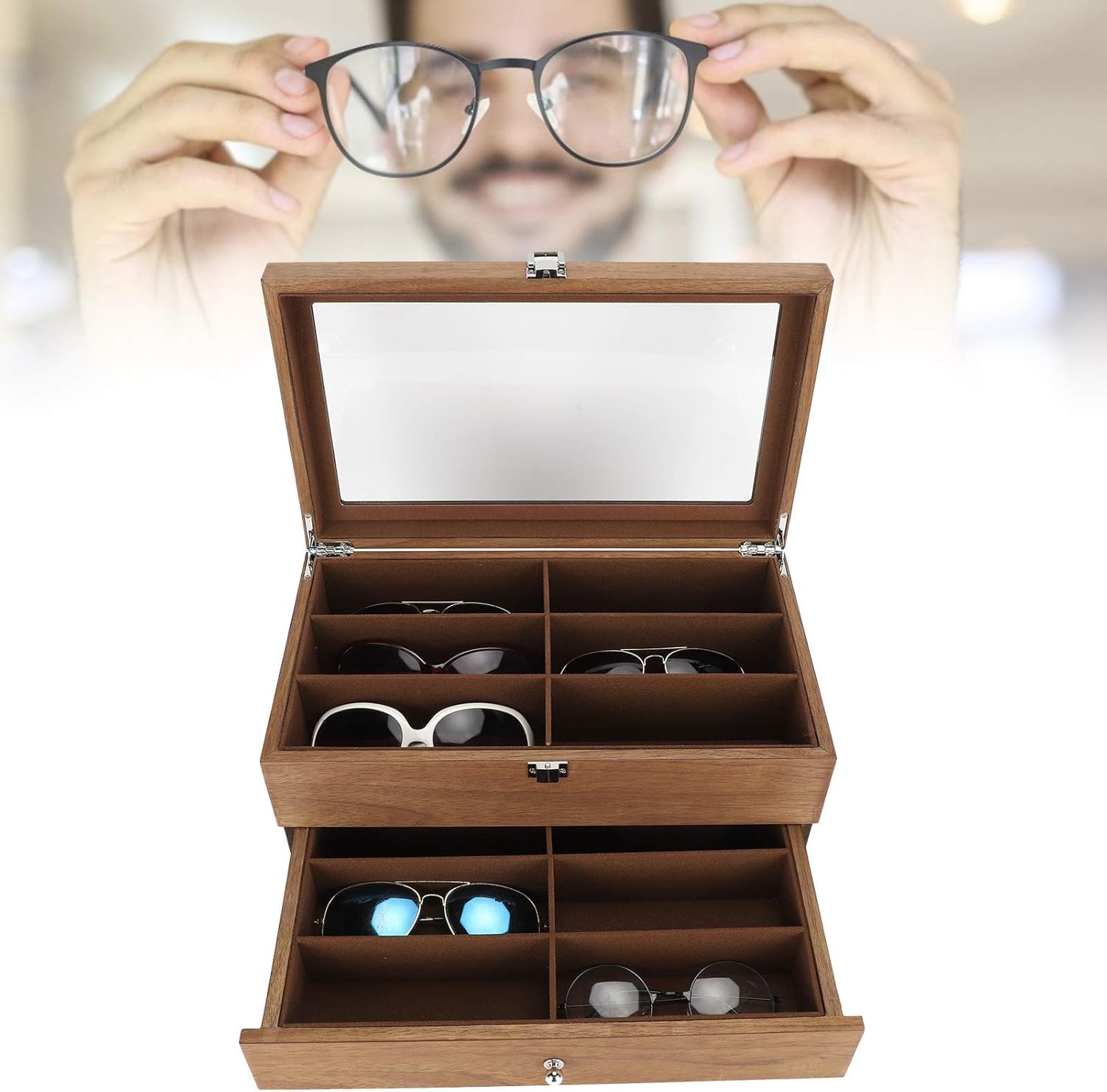 Drewniany organizer na okulary przeciwsłoneczne, warstwowe etui na okulary, pudełko do przechowywania okularów retro ze szklaną pokrywką i szufladą dla kobiet mężczyzn
