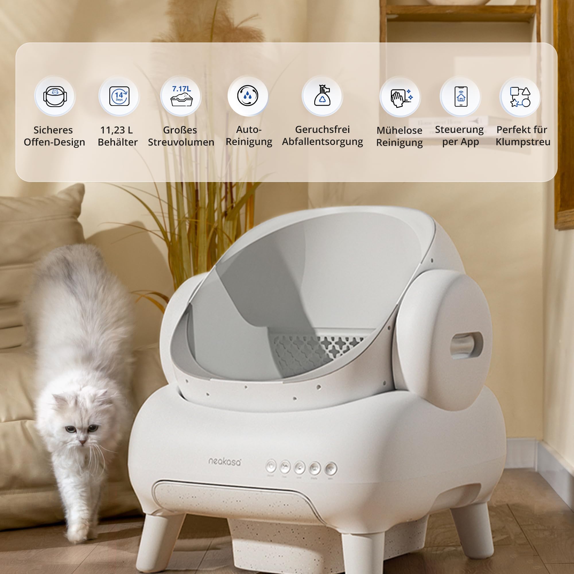 Neakasa M1 Plus Lite Selbstreinigende Katzentoilette mit offenes Design, XXL Kapazität Katzenklo, App-Steuerung, sicher, geruchsfrei und hygienisch, Cat Litter Box für mehrere Katzen