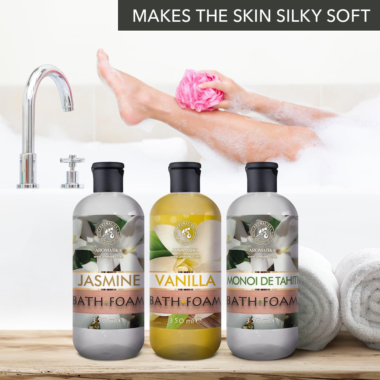 Espuma Baño Set Vainilla & Jazmín & Monoi de Tahiti 3x350ml - Cuidado del Cuerpo - Relajación - Fragancia Exótica - Aromaterapia - Spa - Baños de Burbujas - Belleza
