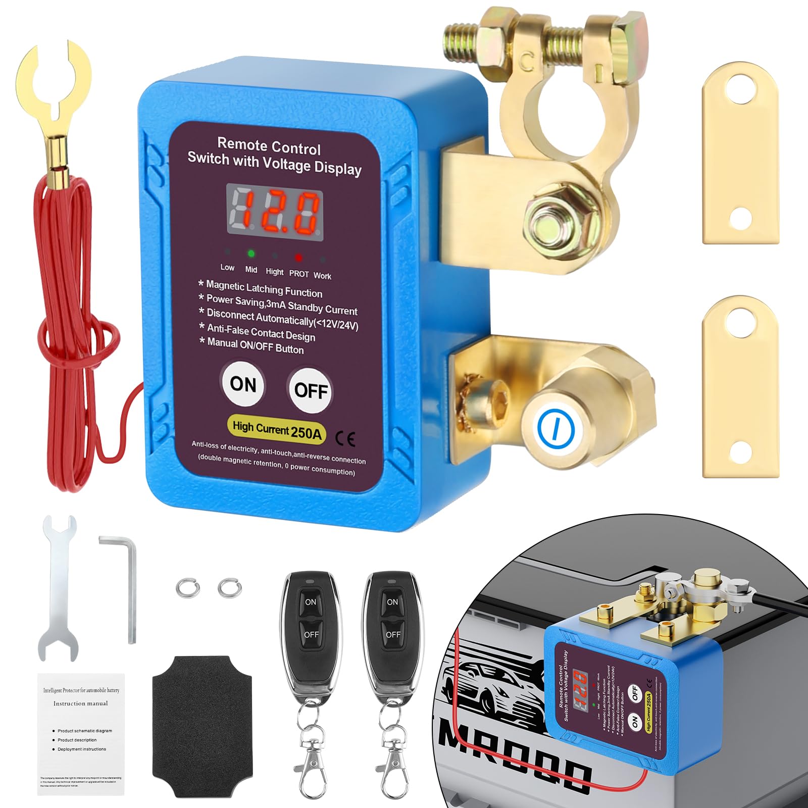 250A 12V Remote Battery Disconnect Switch, Upgrade Smart Voltage Kill Switch with Led Voltage Display for Automotive, Car Battery Kill Switch Anti